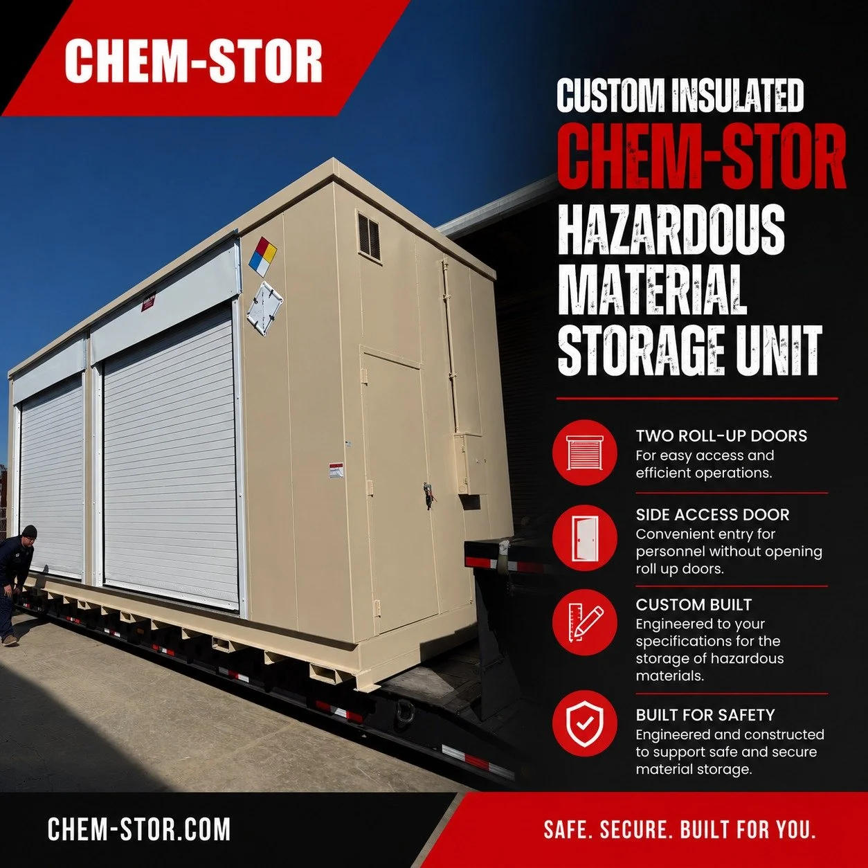 Custom insulated CHEM-STOR unit heading out 🚛

✔ Two roll-up doors
✔ Side access entry
✔ Custom engineered build
✔ Built for safe hazardous material storage

SAFE. SECURE. BUILT FOR YOU.

#ChemStor #HazMat #HazardousMaterialStorage #IndustrialDesign