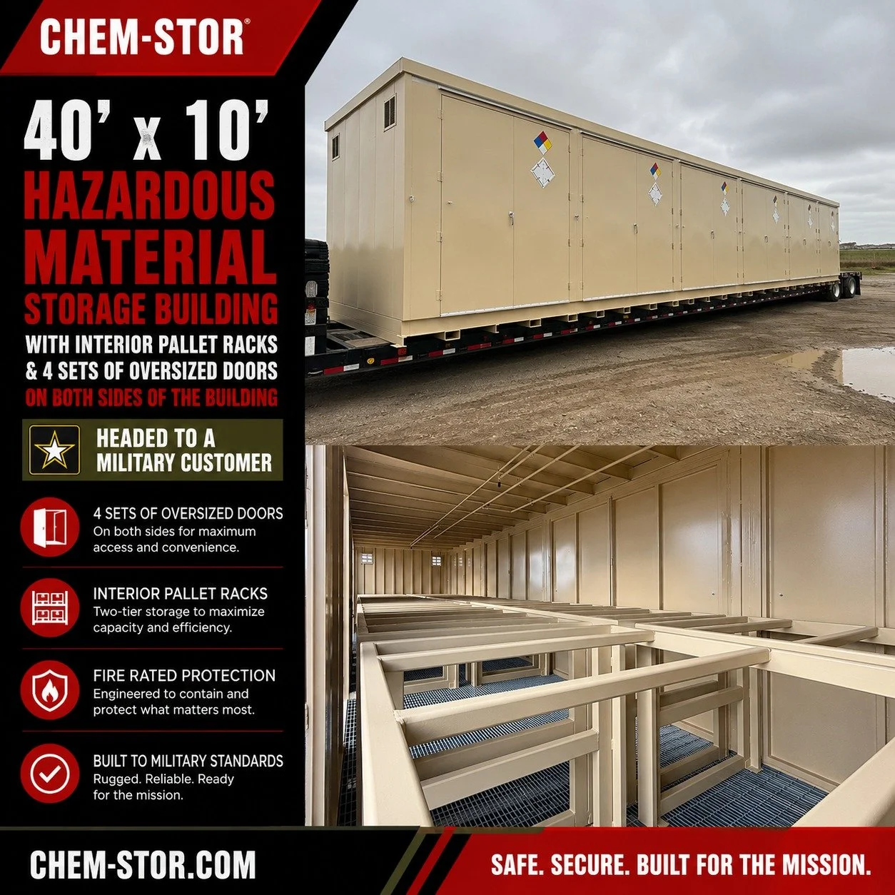 Headed to a military customer, this 40' x 10' CHEM-STOR Hazardous Material Storage Building was engineered for maximum access and storage efficiency.

Featuring interior pallet racks and four sets of oversized doors on both sides of the building, thi