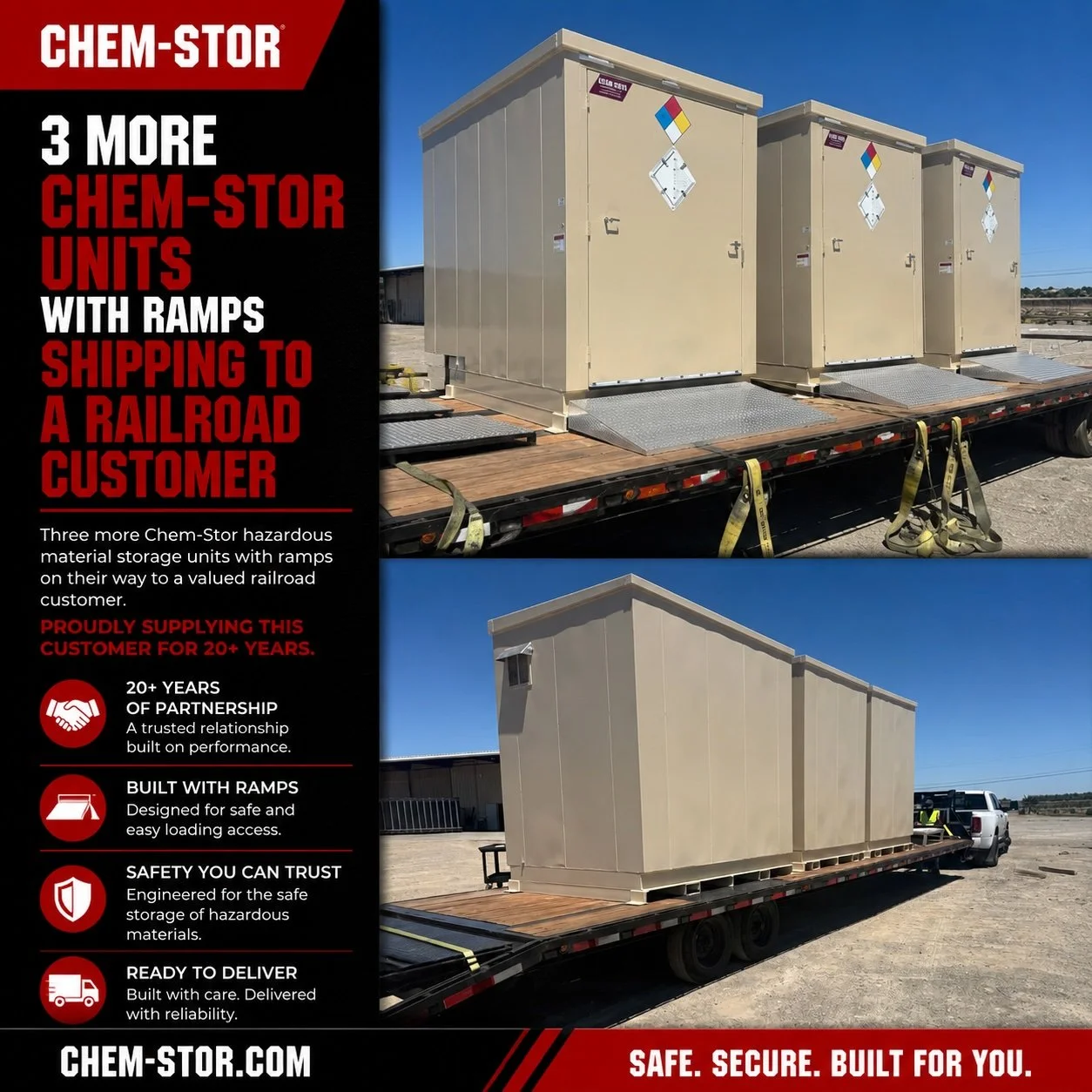Another shipment is on the road. 🚛

These three Chem-Stor hazardous material storage units with integrated access ramps are headed to one of our longtime railroad customers. We&rsquo;ve been proud to supply this customer for more than 20 years, and 