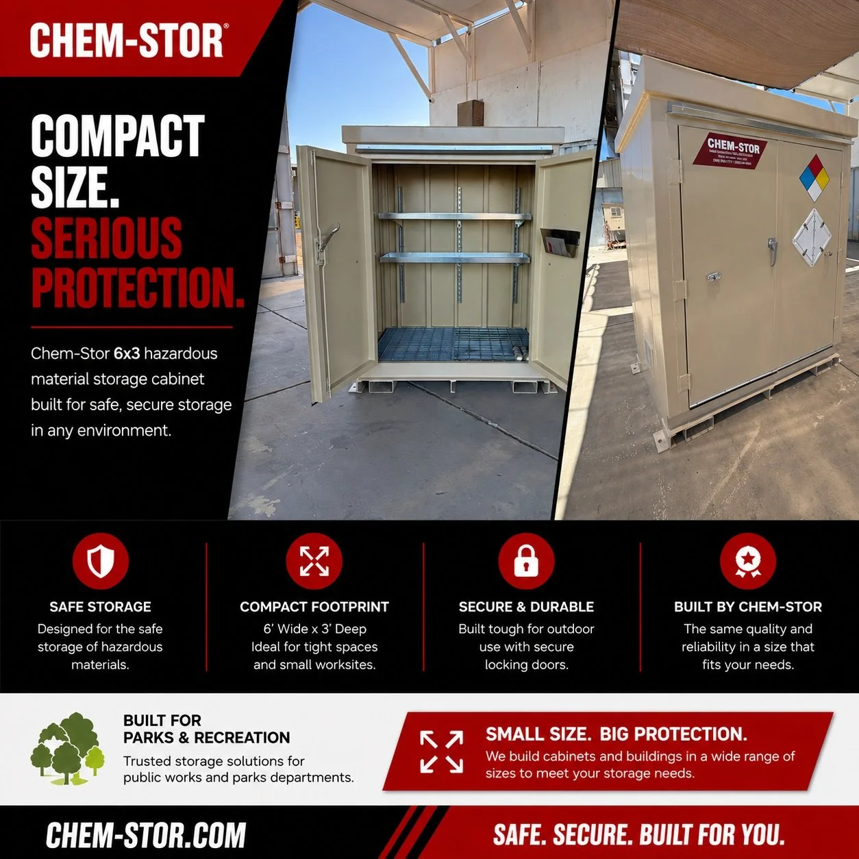 This 6&rsquo; &times; 3&rsquo; Chem-Stor hazardous material storage cabinet was built for a County Parks Department, providing safe, secure storage in a compact package. From small storage cabinets to large FM Approved fire rated buildings, we build 