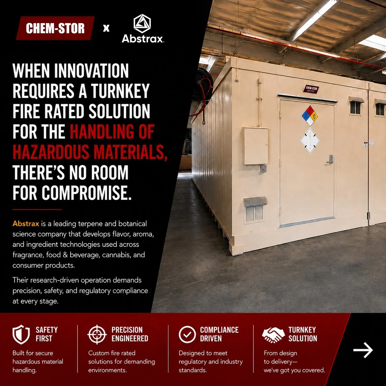 When innovation requires a turnkey, fire-rated solution for handling hazardous materials, there&rsquo;s no room for compromise.

CHEM-STOR designed and delivered two custom fire-rated buildings for Abstrax, integrating safety, electrical and climate 