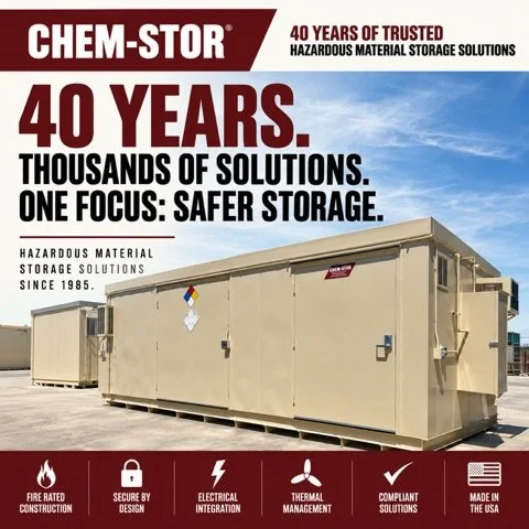 For more than 40 years, CHEM-STOR has designed and manufactured hazardous material storage solutions for a wide range of applications and industries.

From noncombustible and fire-rated storage to today&rsquo;s battery and energy storage applications