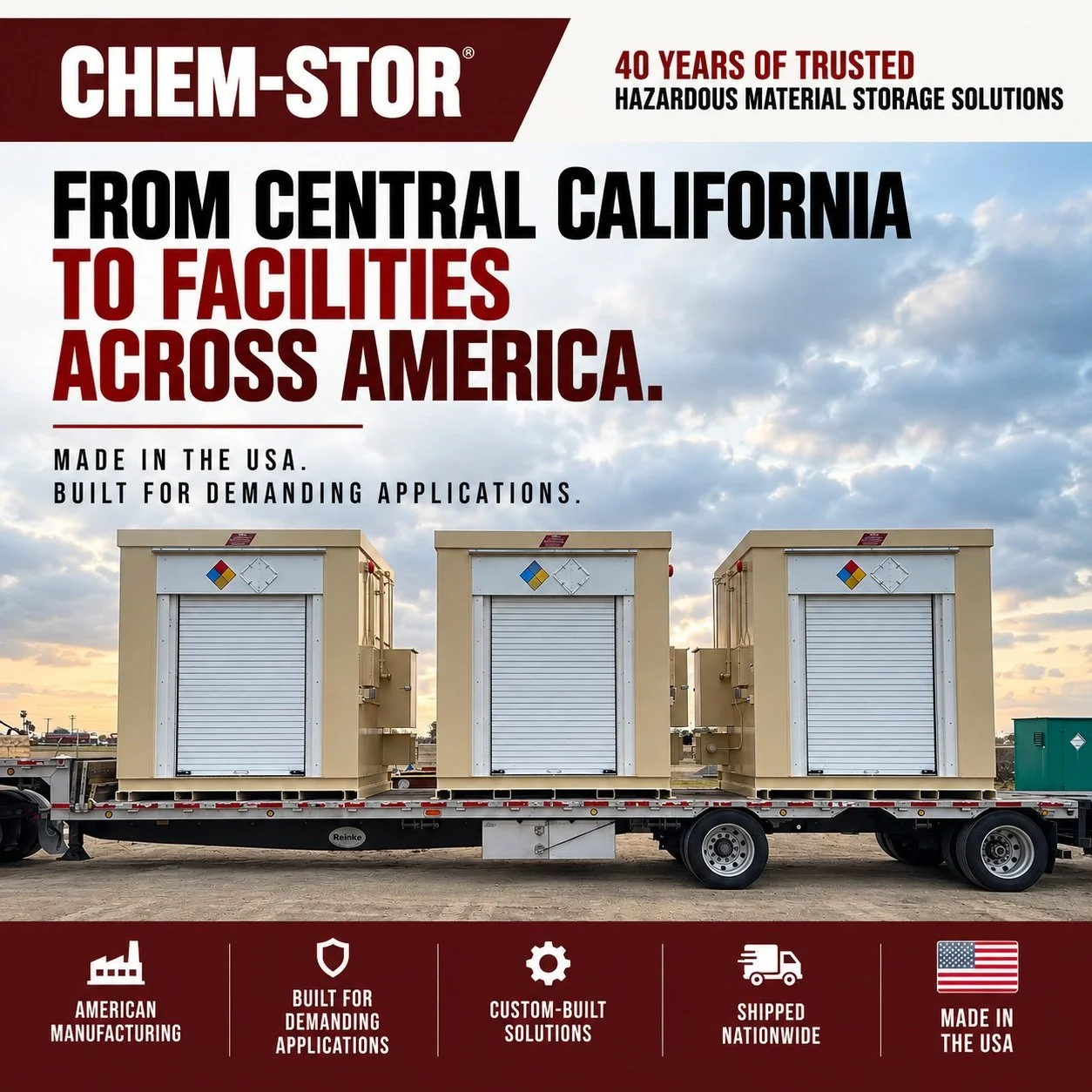 From Central California to facilities across America, CHEM-STOR has spent more than 40 years building hazardous material storage solutions for demanding applications.

Made in the USA 🇺🇸. Built with experience. Built to perform.

#CHEMSTOR #MadeInU