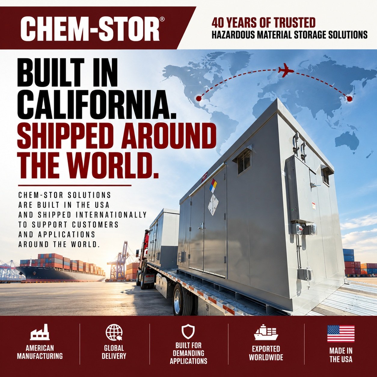 Built in California. Shipped around the world.

This CHEM-STOR unit is headed to a military client in Korea, demonstrating our ability to deliver hazardous material storage solutions for demanding applications both in the U.S. and internationally.

M