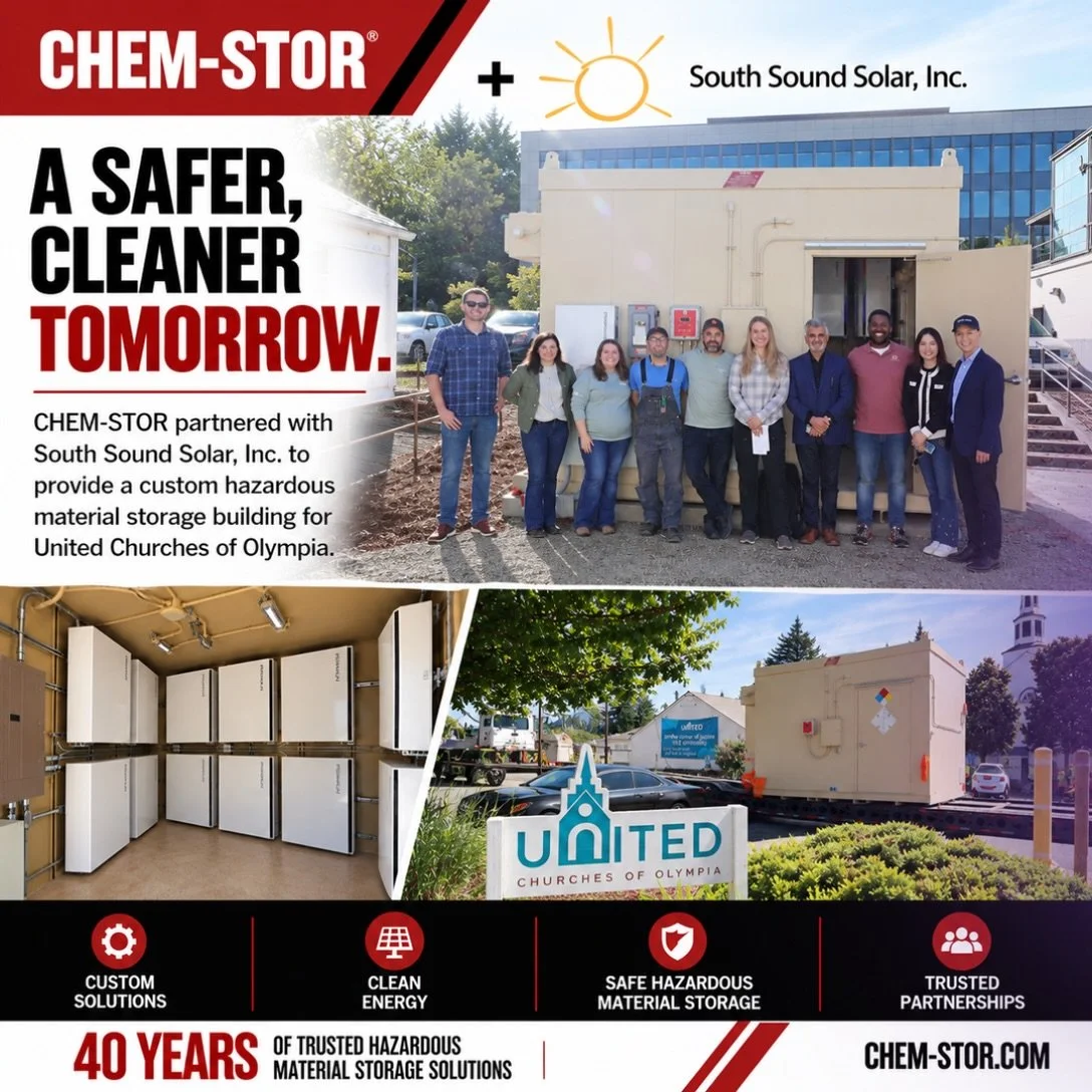 A Safer, Cleaner Tomorrow.

CHEM-STOR is proud to partner with @southsoundsolar on a custom, two-hour fire-rated battery storage building for United Churches of Olympia in Washington.

This installation demonstrates how purpose-built storage solution