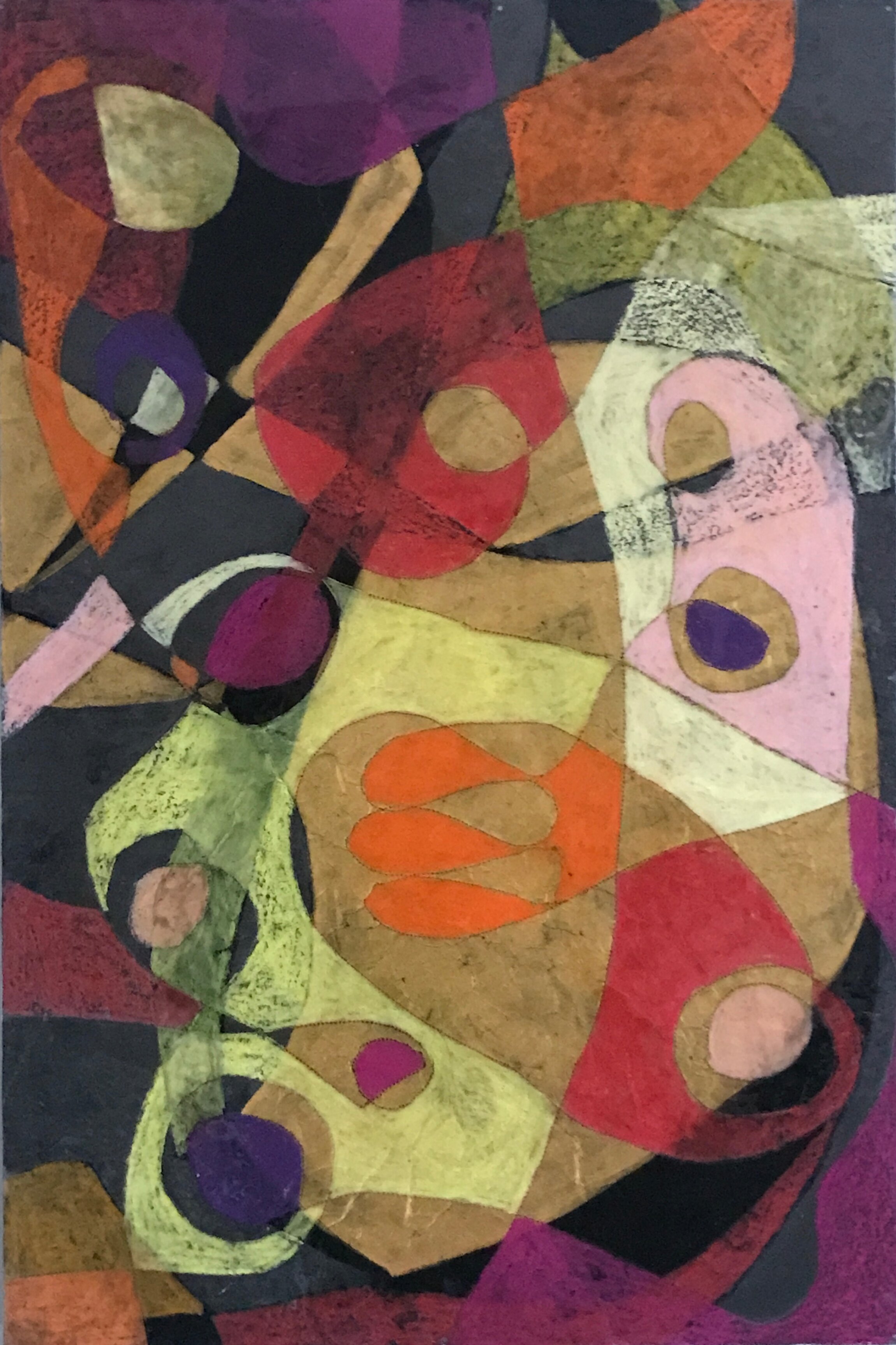 Untitled Yellow Red and Gold, 2017   £650   Acrylic paint, neocolor, stitch and resin on Japanese paper mounted on board   
75cm x 50cm
