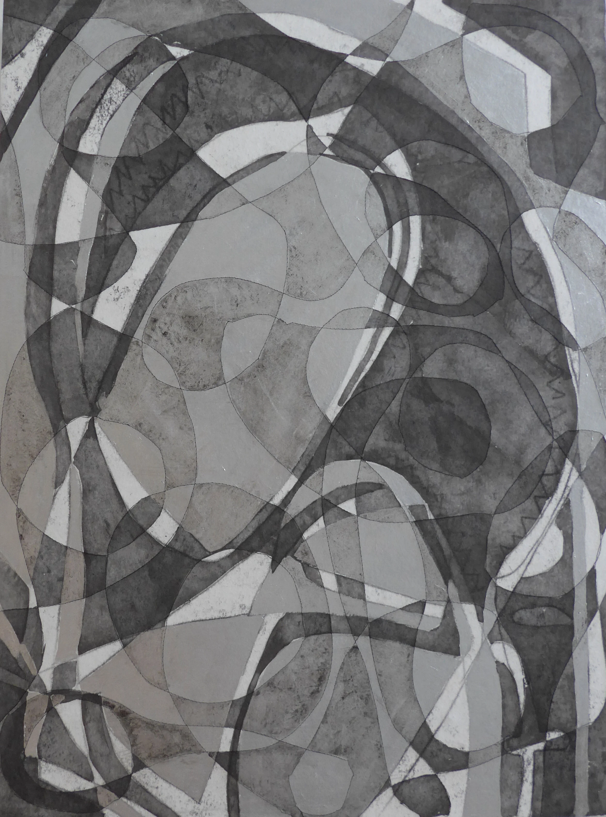 Reflections IV, 2016   £650  
Monoprint, acrylic paint, stitch and ink on wallpaper mounted on board  
80cm x 60cm
