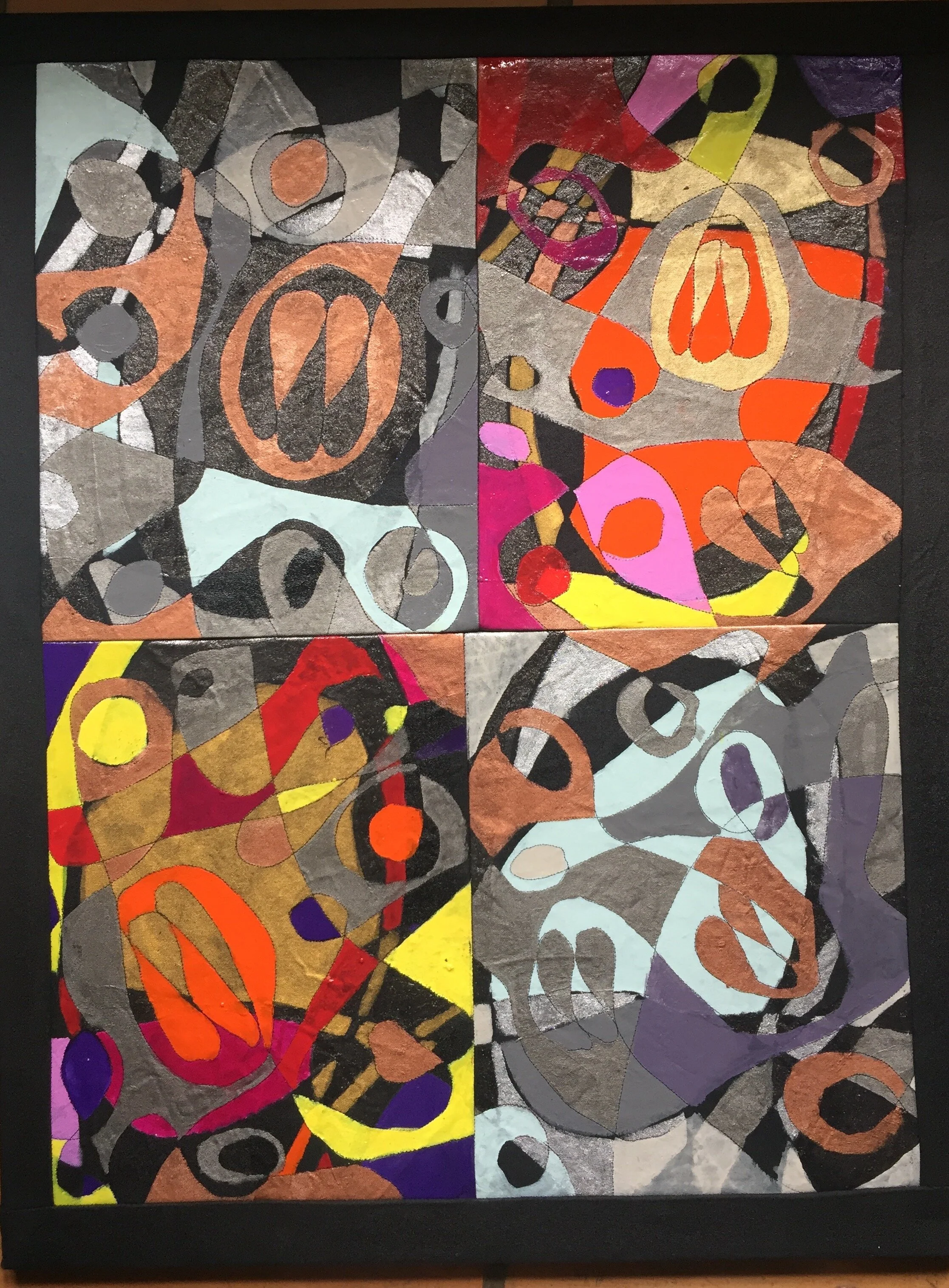 Untitled Blue/Red, 2017   £600  
Acrylic paint and stitch on dyed canvas  
90cm x 70cm