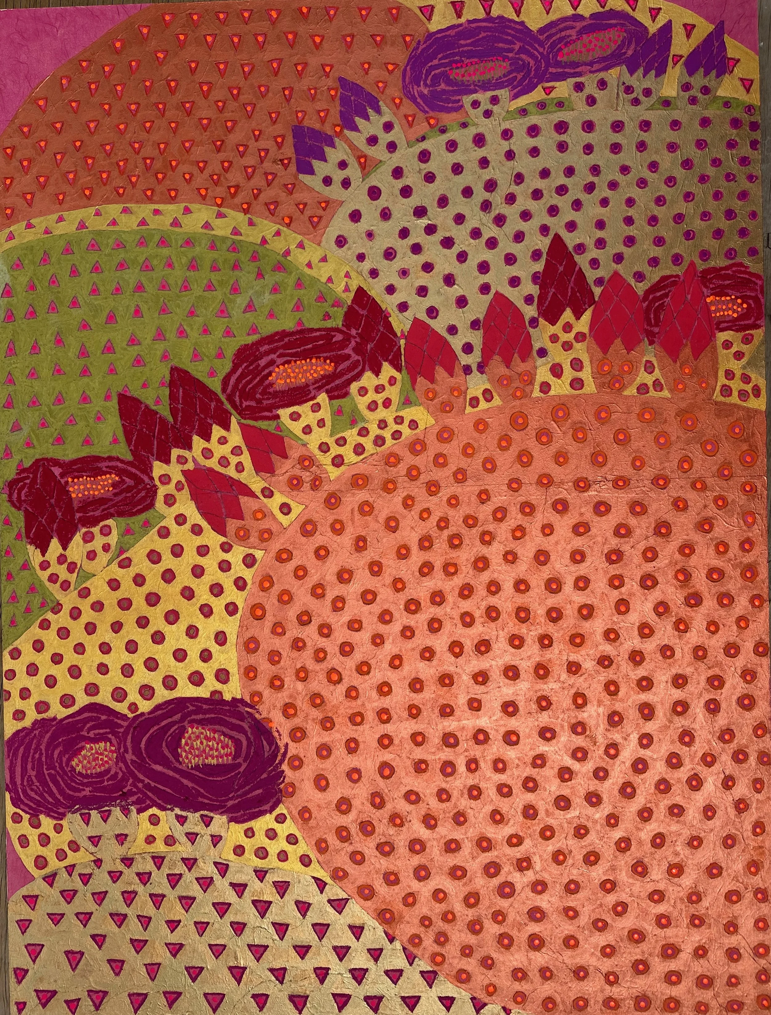 Cacti at the golden hour, 2024
Crayon, stitch and resin on paper mounted on frame (48" x 36")