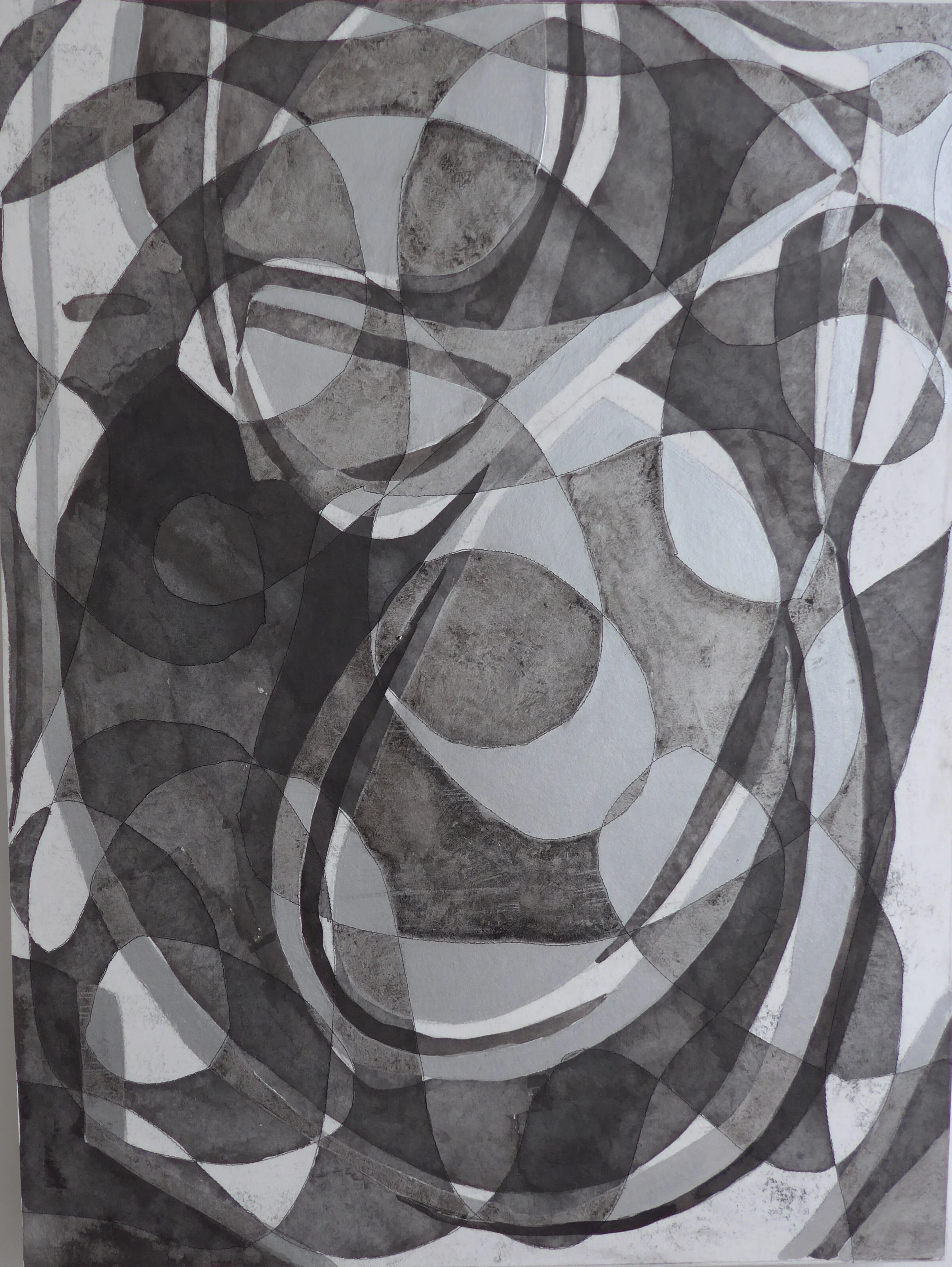 Reflections I, 2016   £650  
Monoprint, acrylic paint, stitch and ink on wallpaper mounted on board  
80cm x 60cm

