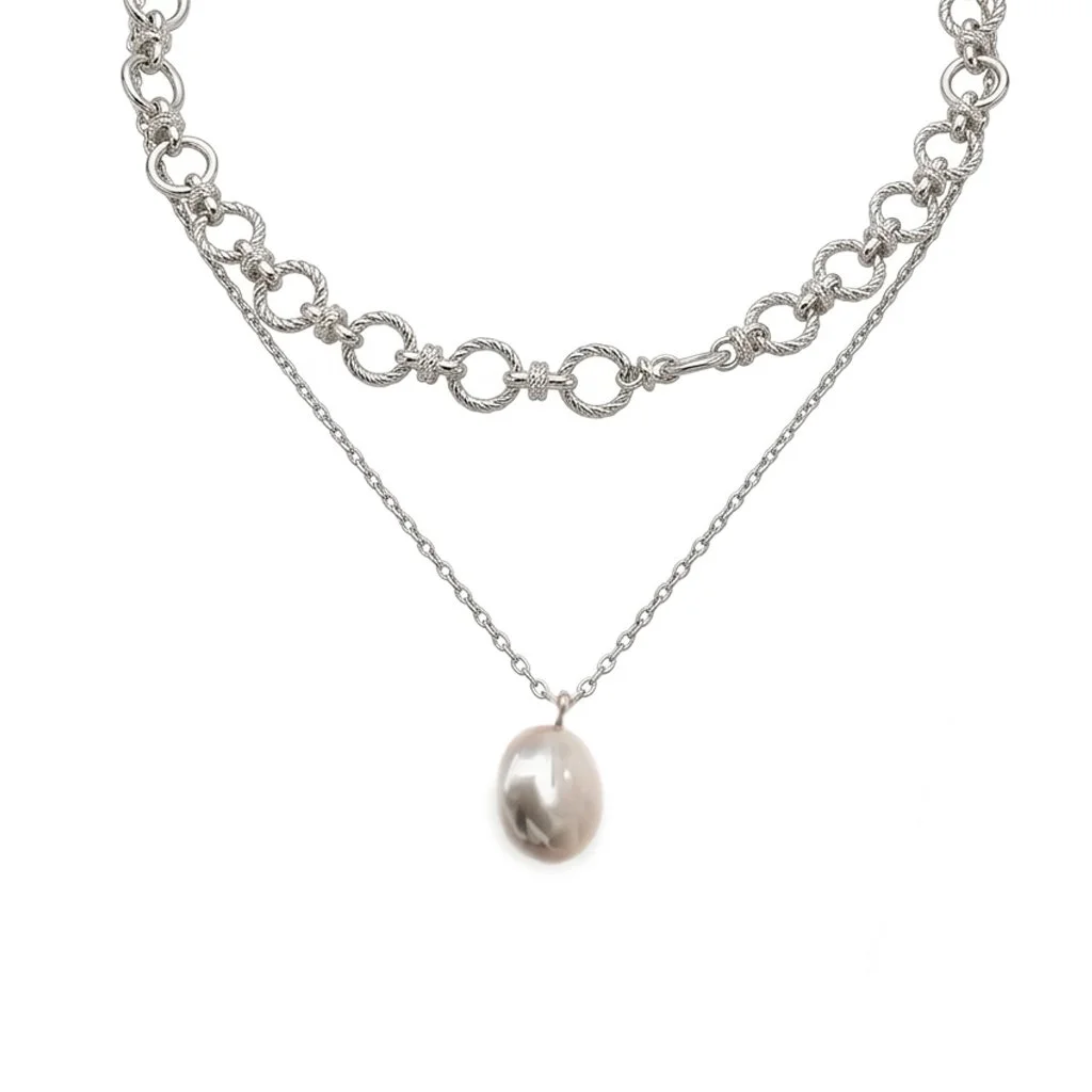 Silver Double Strand Necklace with Pearl Pendant