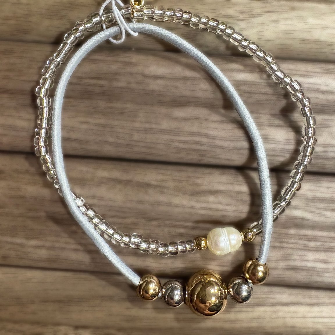 Light Grey, Gold, Silver, and Pearl Beaded Bracelet Set