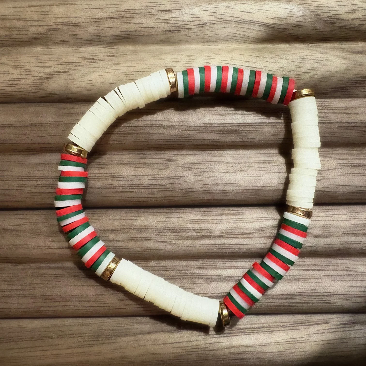 Christmas Cheer! Red, White, and Green, with Gold Spacers, Bracelet