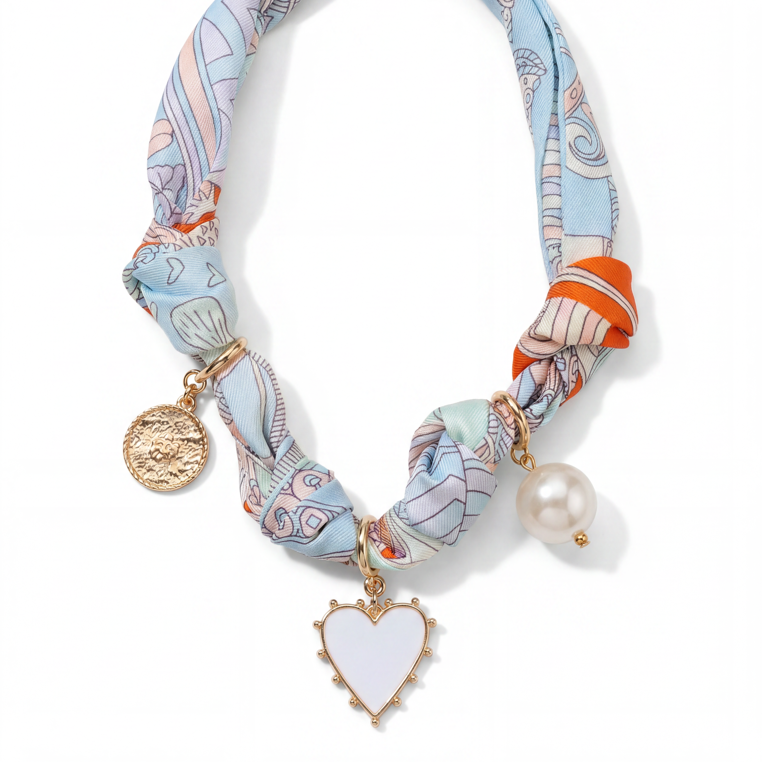 Blue Scarf Necklace with 3 Pendants