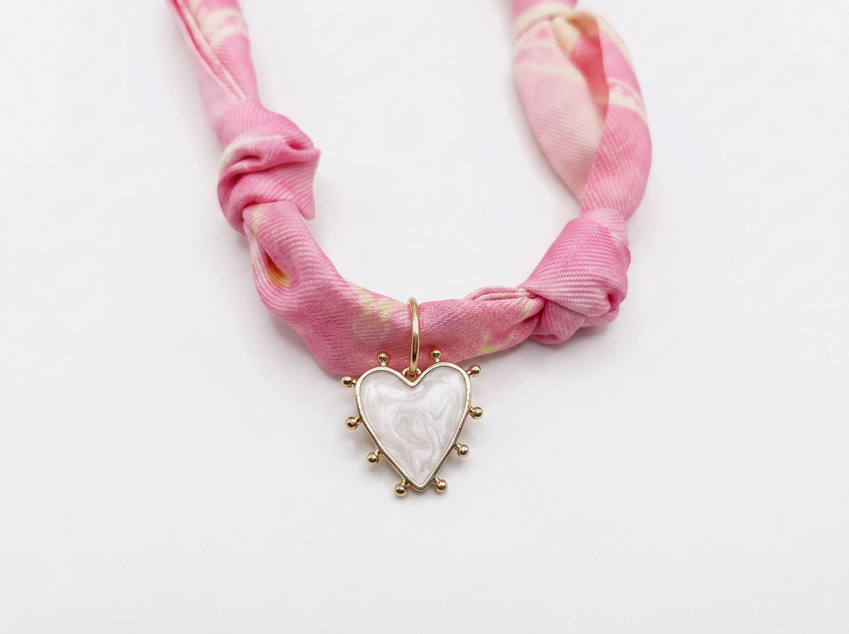 Pink Scarf Necklace with Heart Pendant