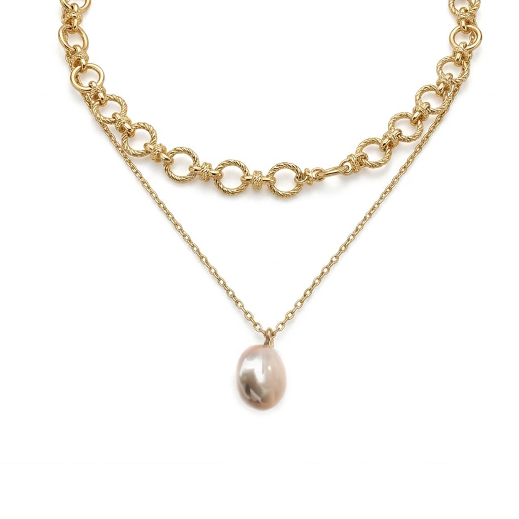 Gold Double Strand Necklace with Pearl Pendant