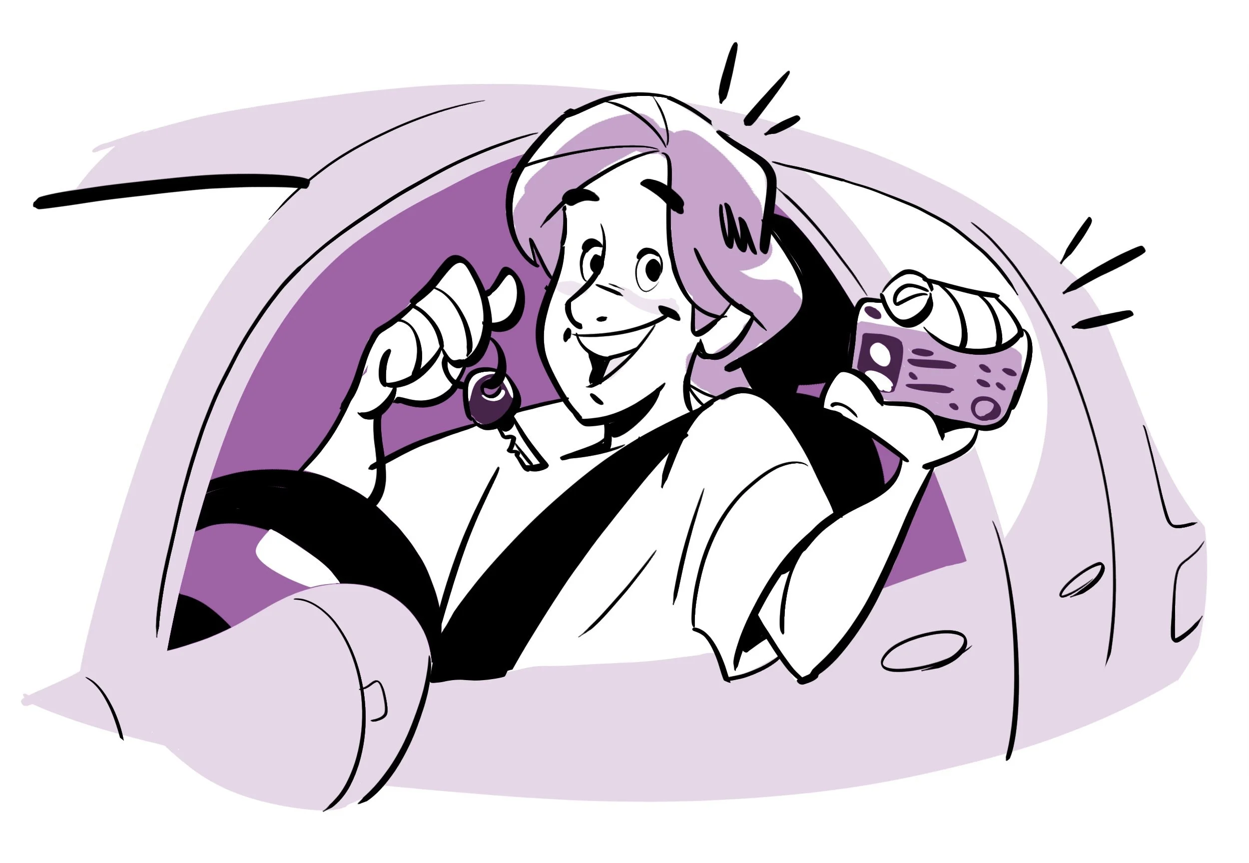 Un dessin de style caricature d'une personne souriante, avec les cheveux longs, qui tient son permis et des clés dans une voiture. La scène est dans des tons violets et noirs.