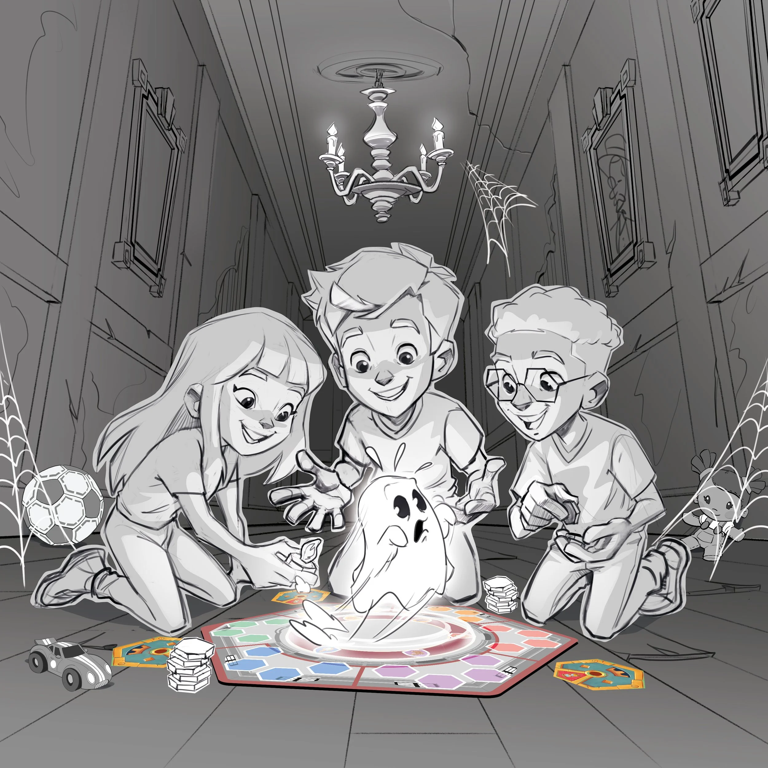 line art pour la boite du jeu de société "Cach' Fantôme"