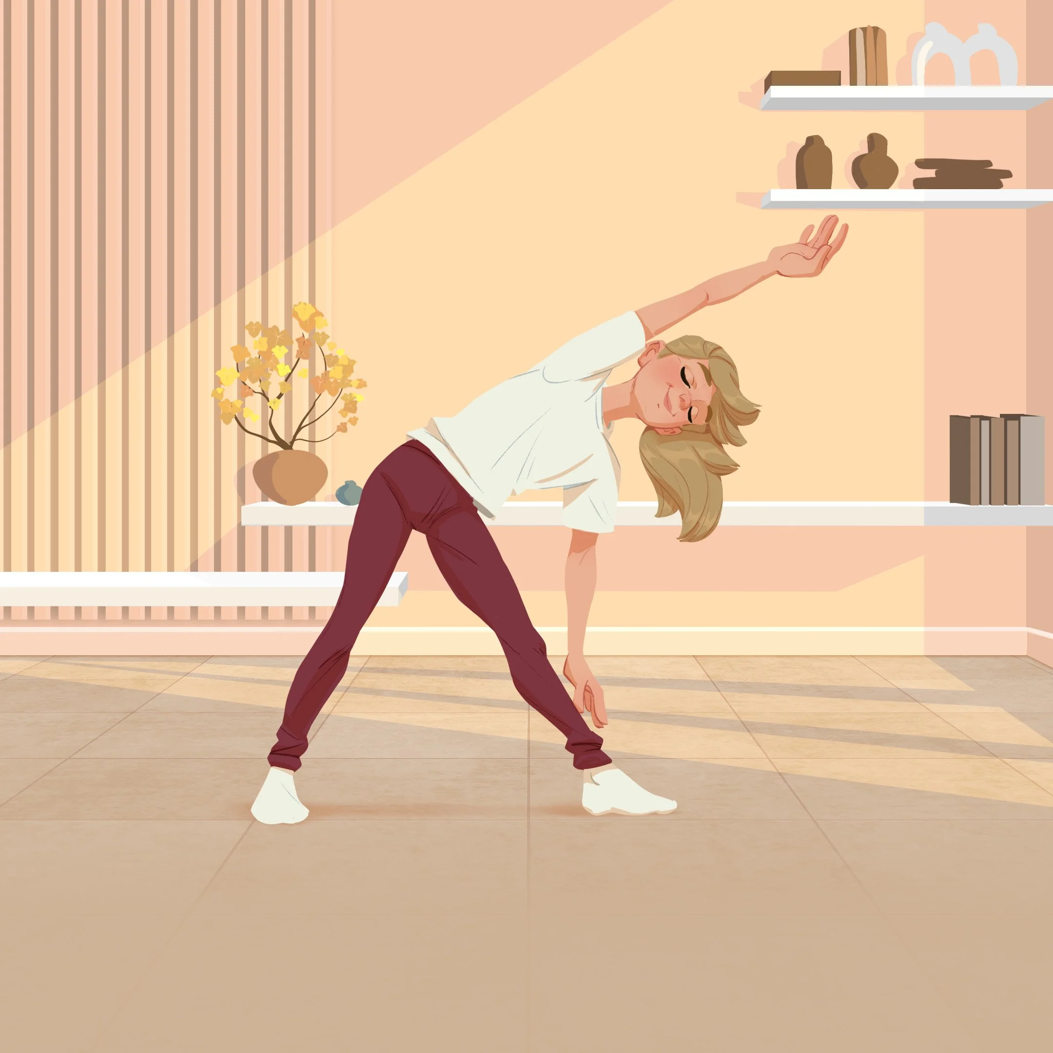 Une femme danse dans un salon moderne avec des étagères décoratives, une plante et un sol en bois, vêtue d'un t-shirt blanc et de pantalons marron.