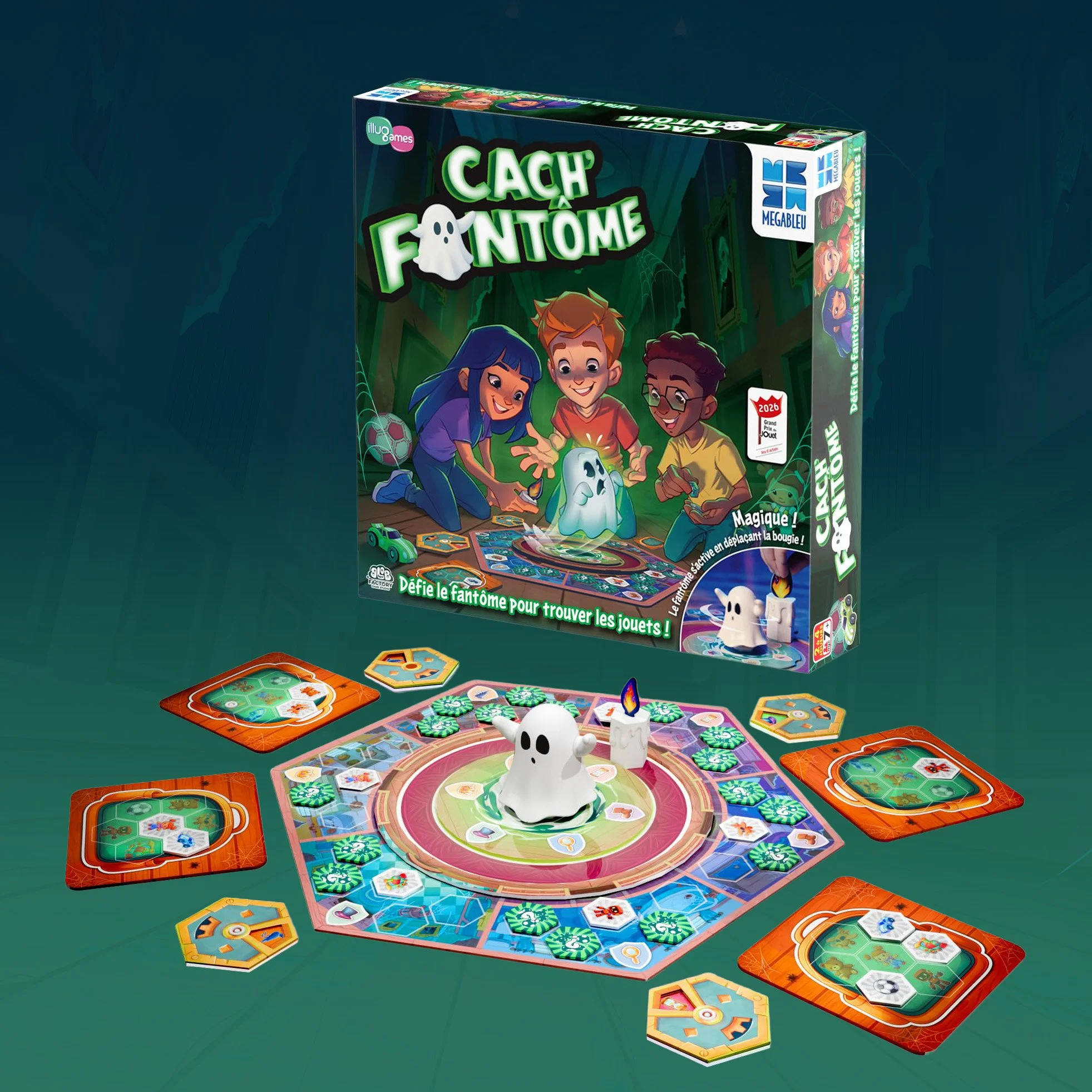 Photo de la boite, du plateau et des éléments du jeu de société "Cach' Fantôme"