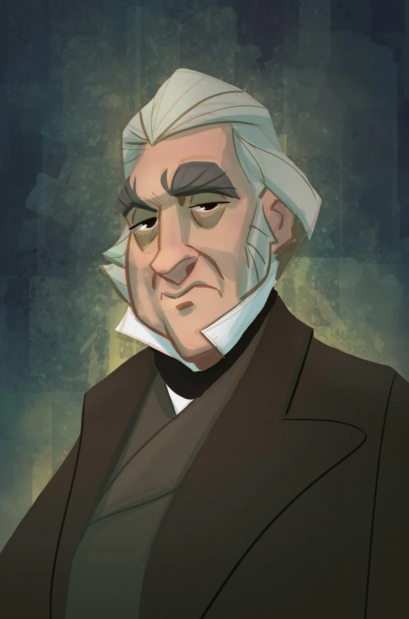 Portrait illustré cartoon d'un vieux lord du manoir hanté issu du jeu de société "Cach' Fantôme"