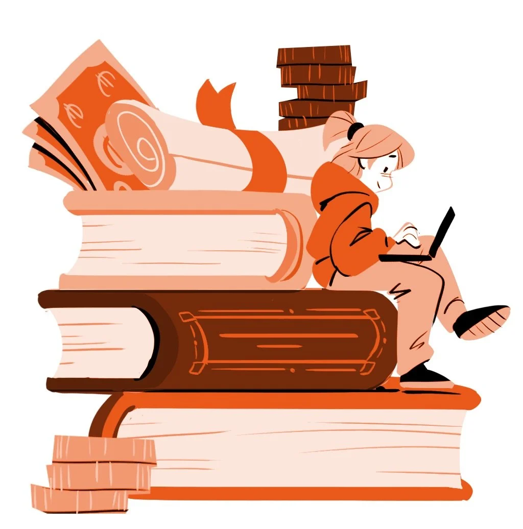 Une illustration d'une jeune fille assise sur des livres empilés, utilisant un ordinateur portable, avec des piles de livres et de l'argent en arrière-plan.
