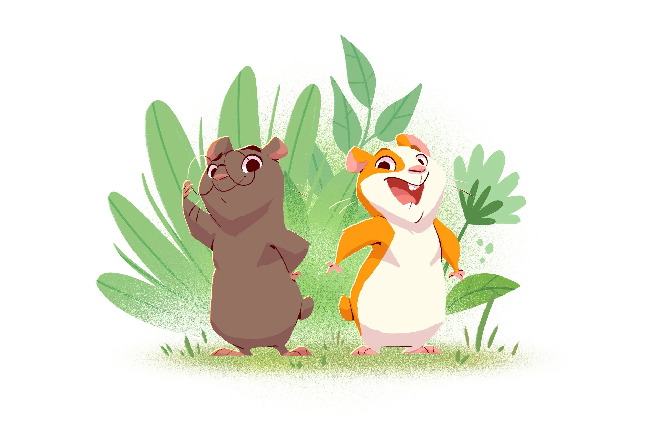 Deux jeunes hamsters debout dans un environnement herbeux avec des feuilles vertes en arrière-plan, souriant et posant pour la photo.