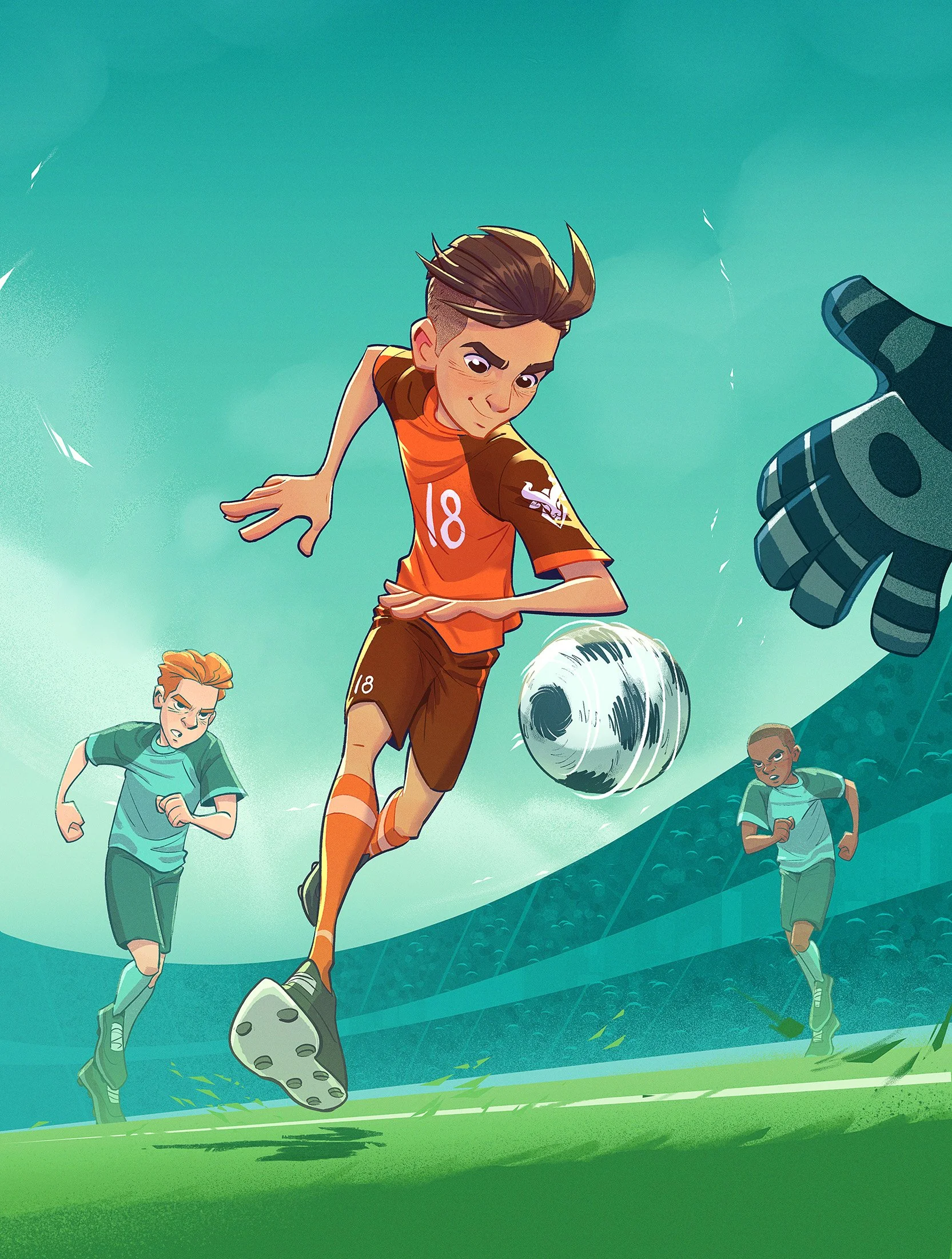 Illustration d'un groupe de jeunes jouant au football dans un stade, avec un garçon au centre en train de frapper le ballon, portant un maillot orange et des shorts marron, sous un ciel bleu