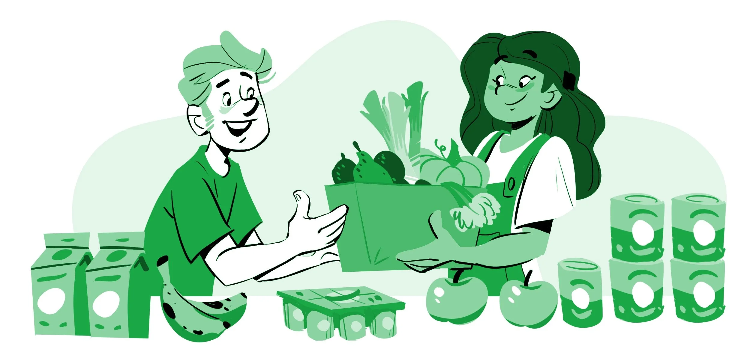 Une illustration d'une femme et d'un homme échangeant un panier de légumes, avec des produits en conserve et des emballages en papier autour d'eux, dans un style dessin animé monochrome vert.