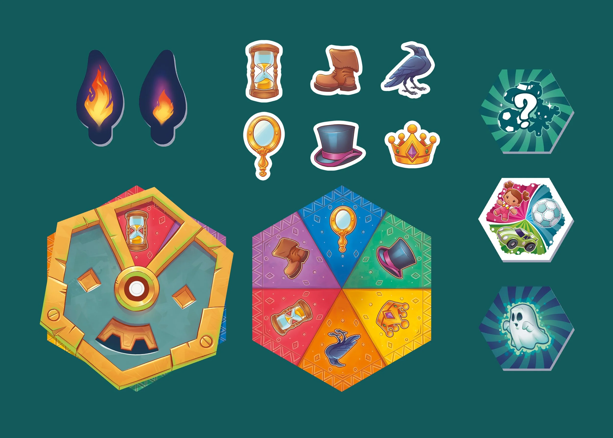 Mise en avant des éléments illustrés des pièces et jetons du jeu de société "Cach' Fantôme"