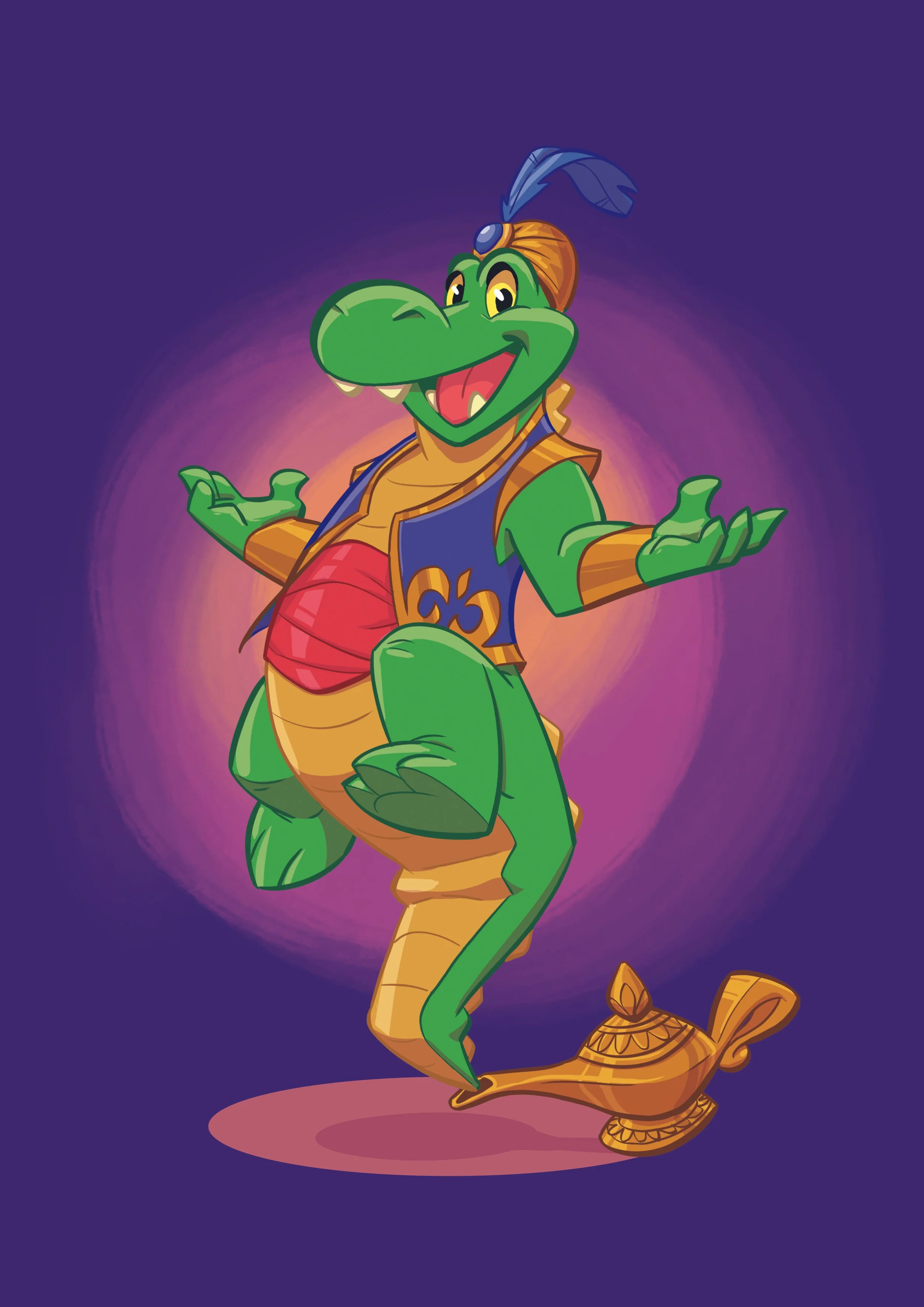 Une illustration d’un crocodile souriant déguisé en génie, avec un turban, une veste, une chemise rouge et une lampe dorée, dans un style cartoon, sur un fond violet.