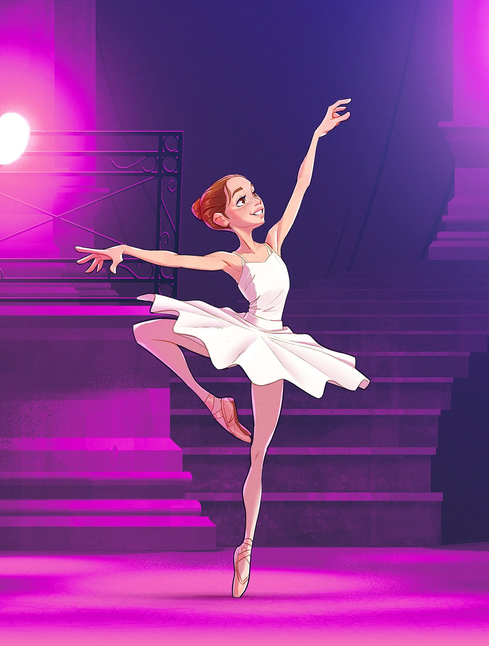 Une ballerine en tutu blanc dans une pose de danse, sur une scène avec des lumières violettes et un escalier en arrière-plan.