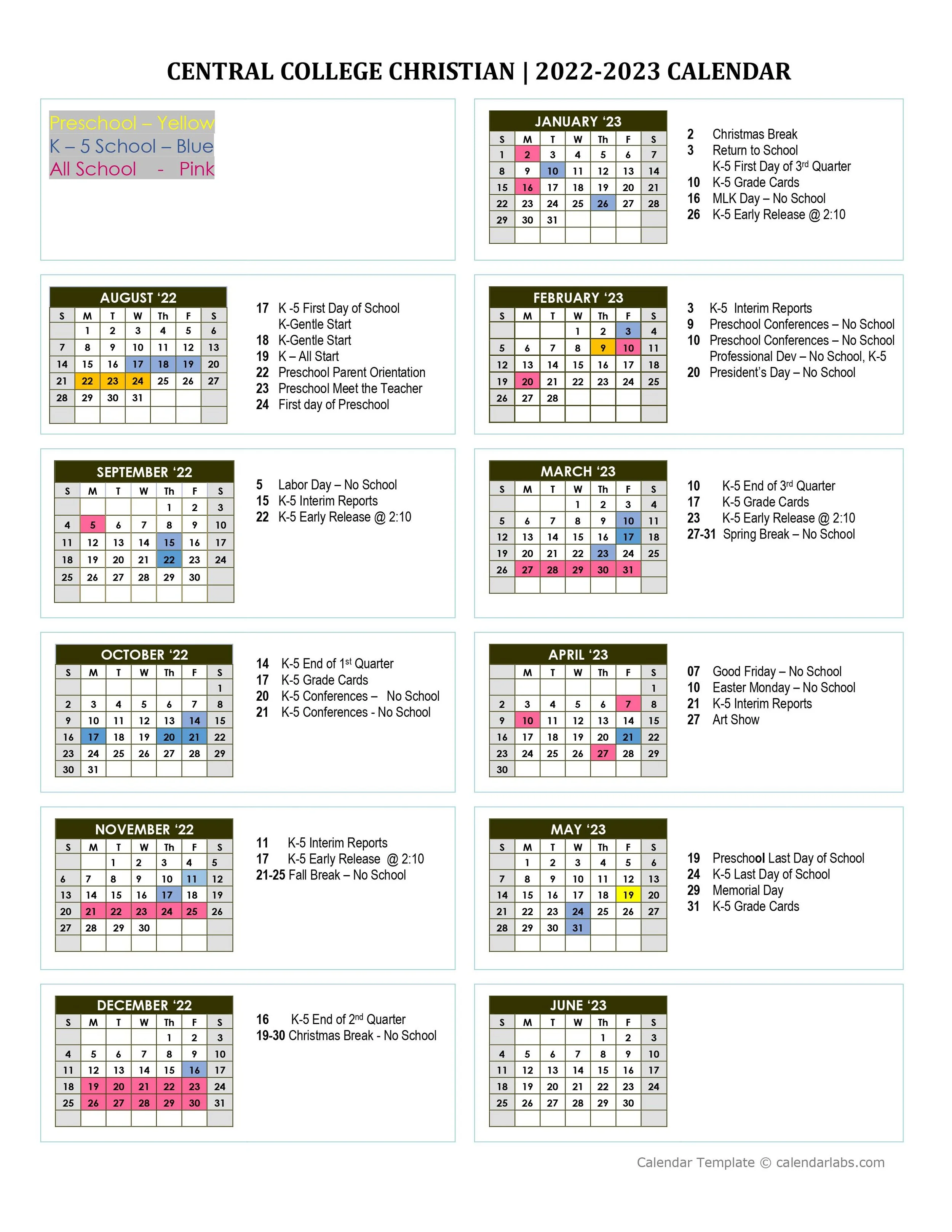 Calendar — Central College Christian School