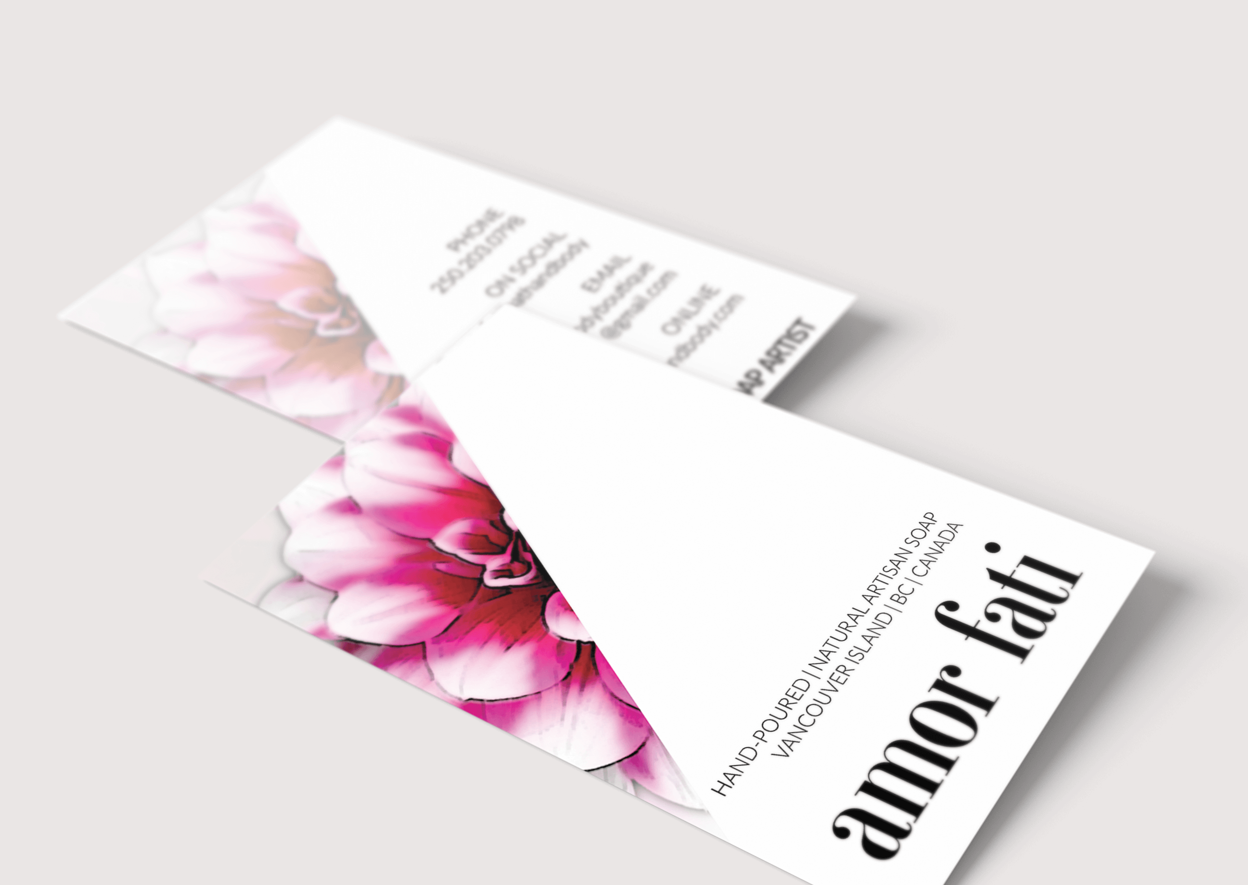 Front and back of business cards designed for Amor Fati.
