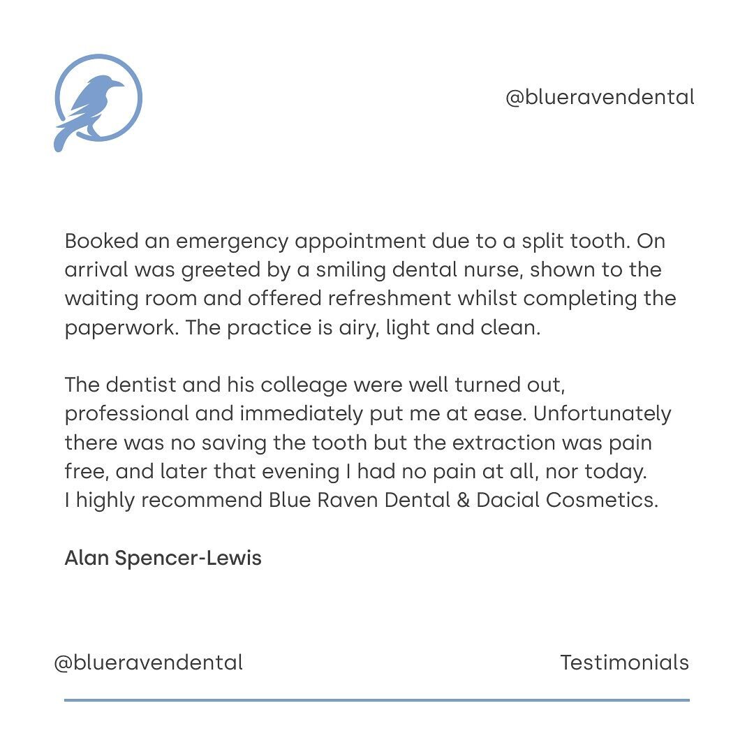 A lovely review from one of our previous clients and family friend Alan Spencer-Lewis.

Do you want to come to Blue Raven Dental for your next treatment? For your free consultation, please get in touch via our website or text FREE CONSULTATION to 074