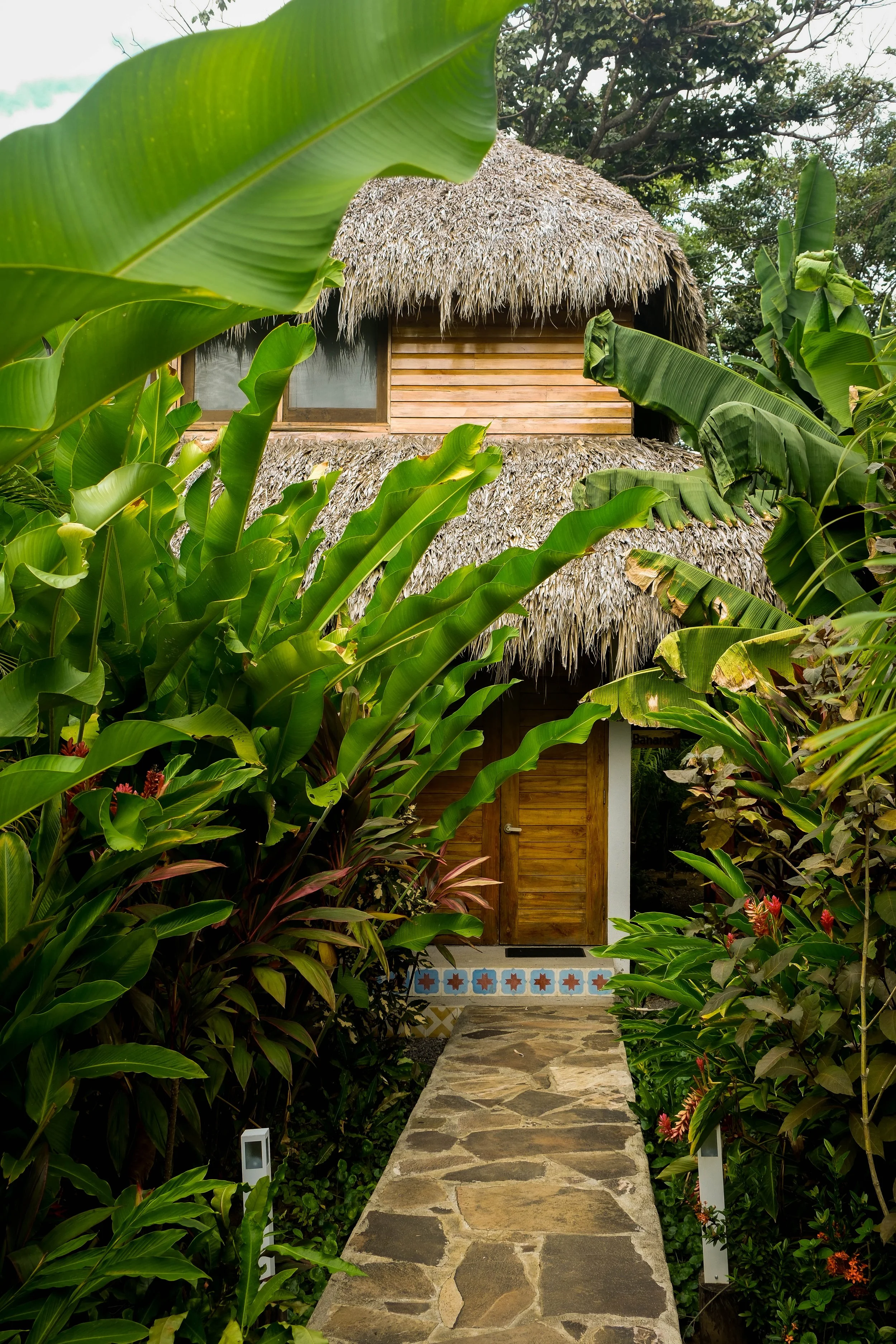 Thatched-roof Banana cabaña entrance along a stone path through tropical gardens at Still Salty Escape surf and yoga retreat in Nicaragua