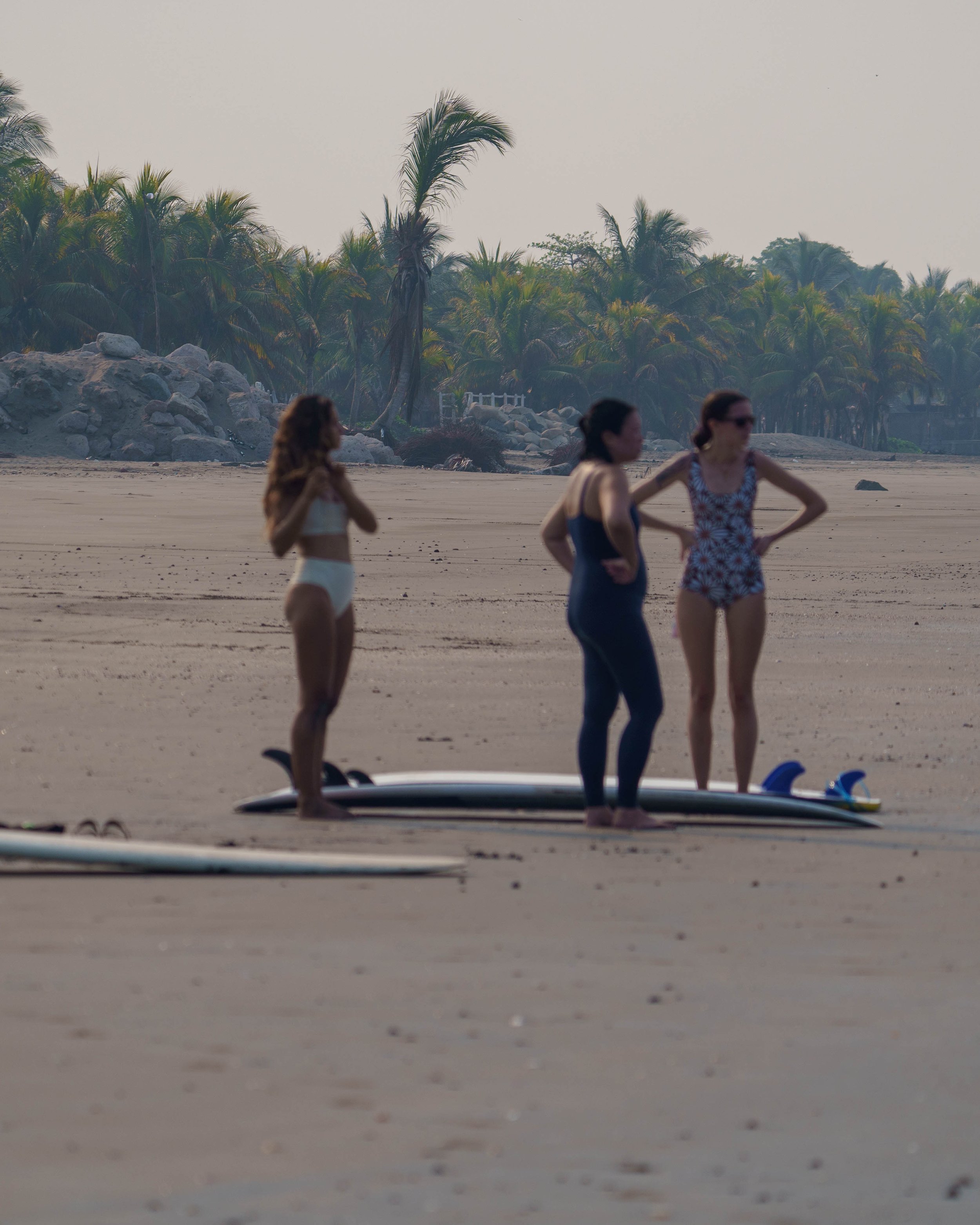 Surf retreat group with longboards on an uncrowded palm-lined beach on Nicaragua's Pacific coast