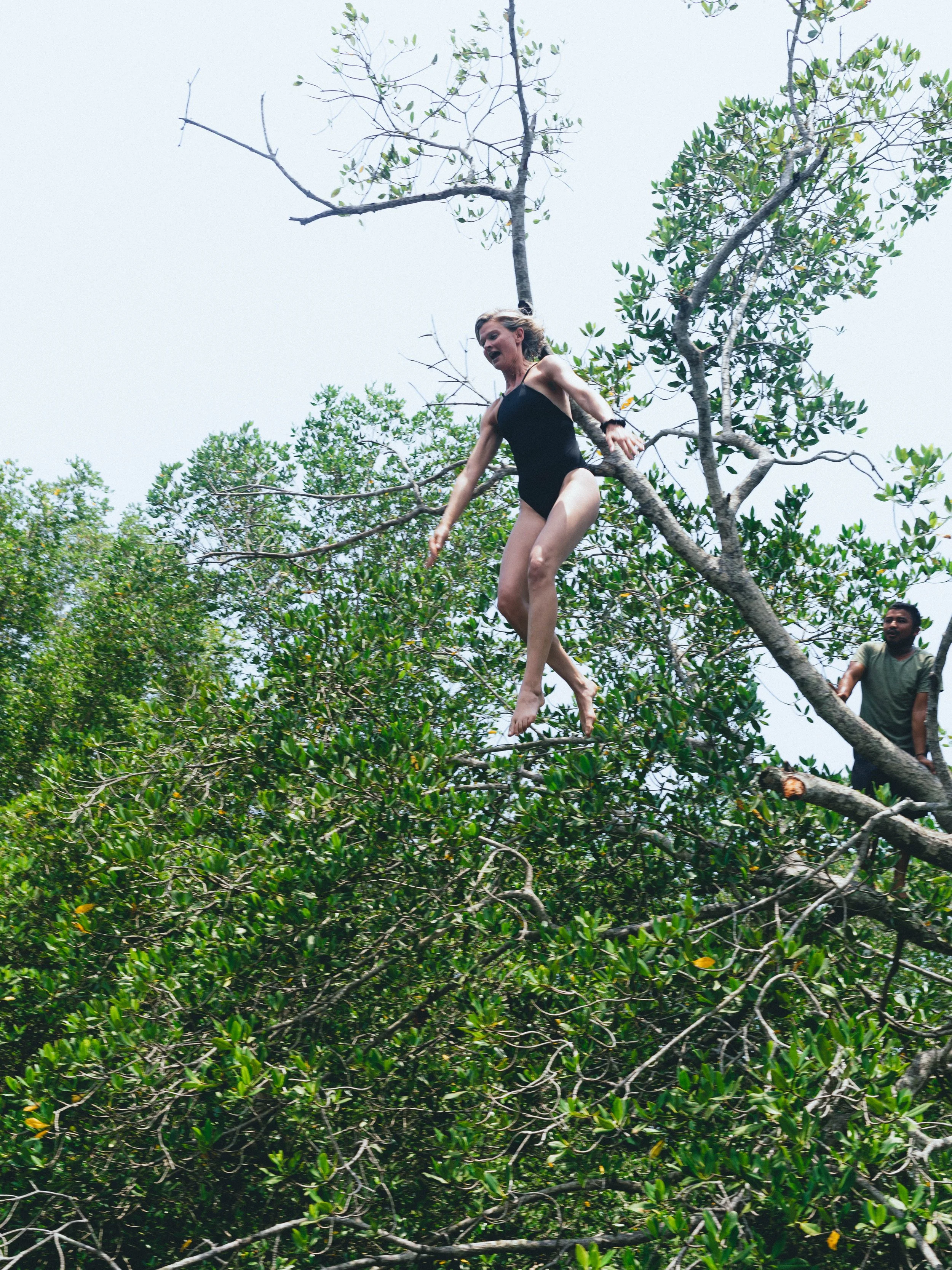 Guests climbing a mangrove tree to jump into the water during a boat tour in Nicaragua