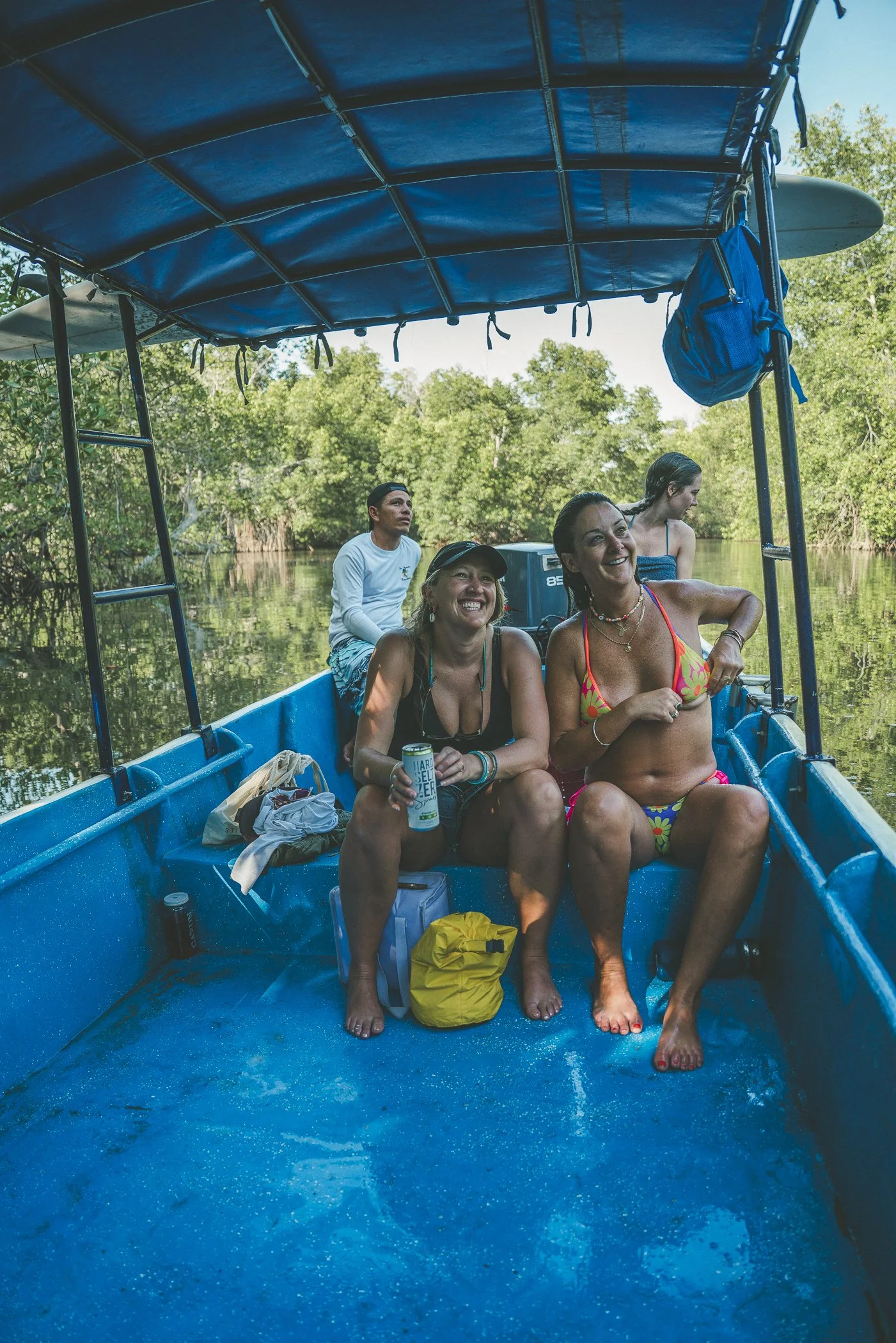 Retreat guests laughing on a mangrove boat tour excursion in Nicaragua