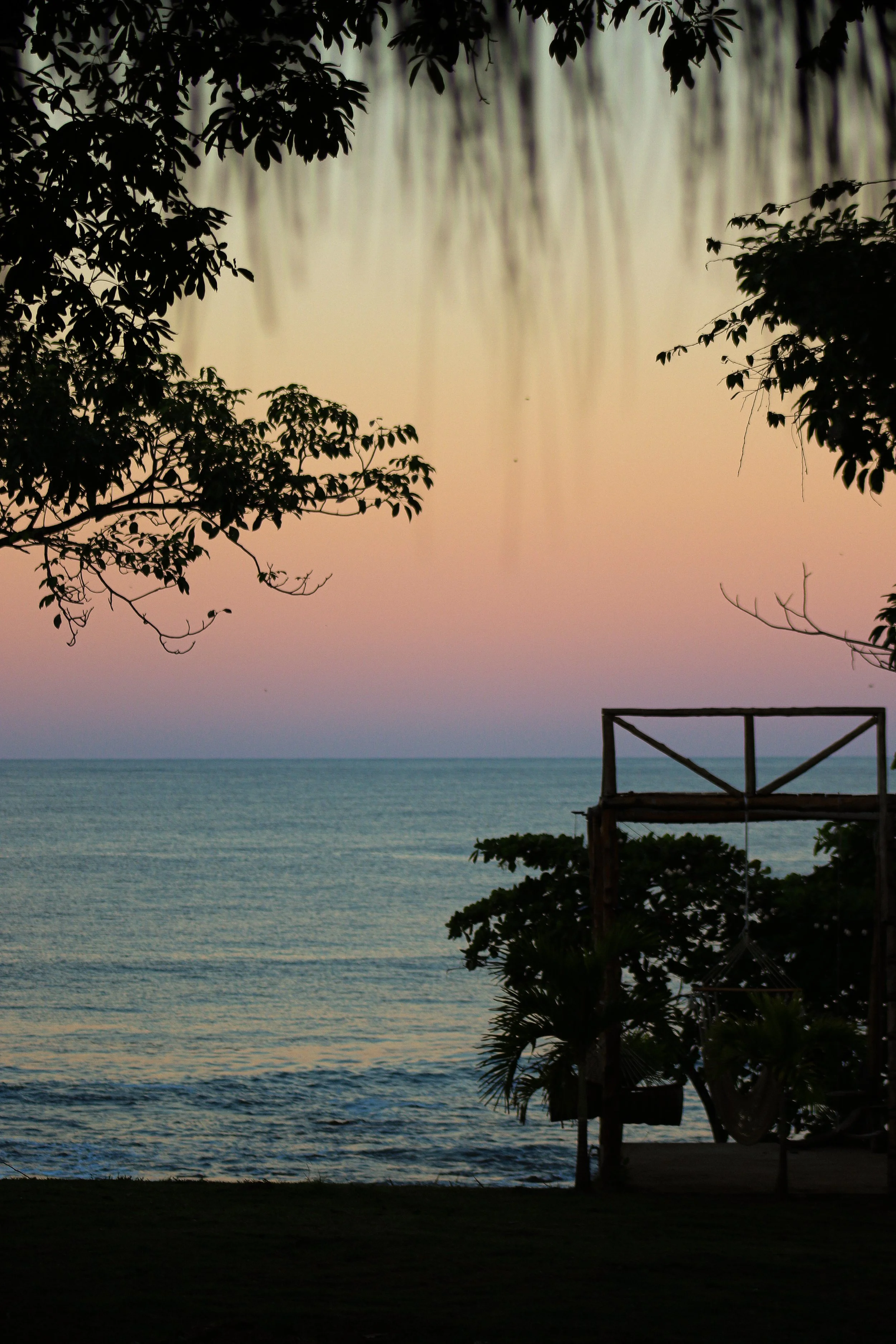 Pastel Pacific sunset framed by trees over the oceanfront at Still Salty Escape in Nicaragua