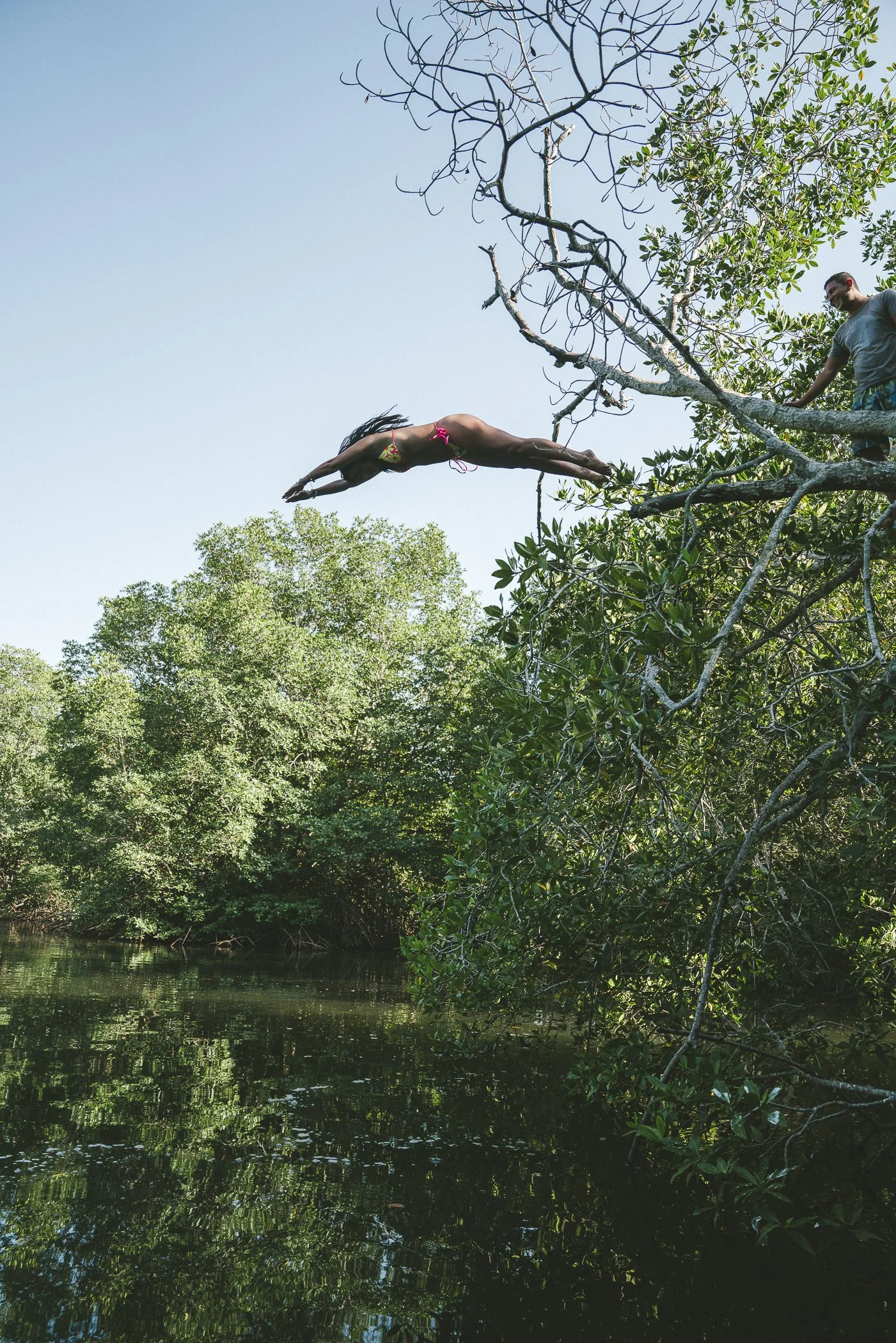 Guest diving from a mangrove tree into the estuary during a boat tour in northern Nicaragua