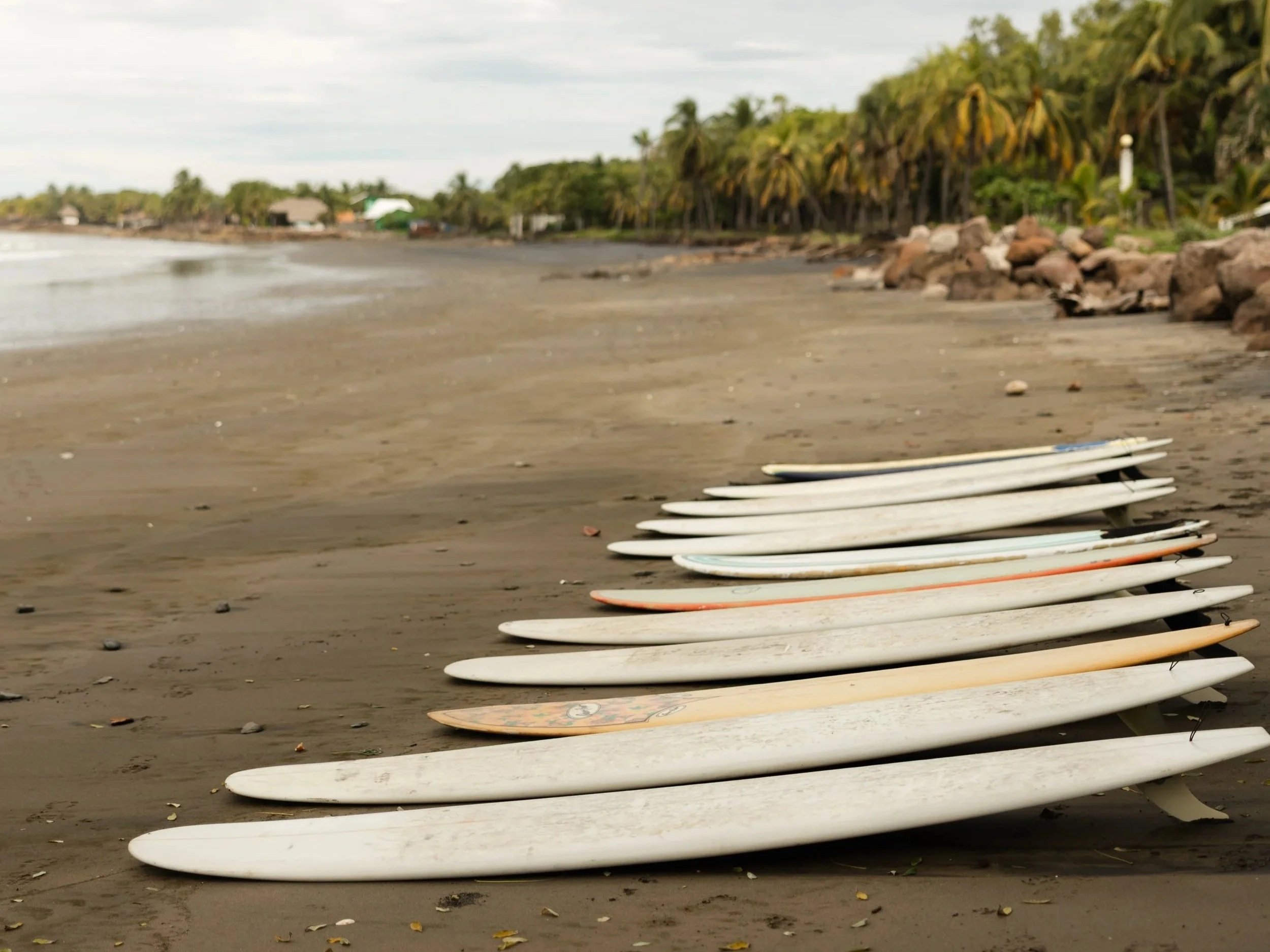 Surfboards lined up at a Nicaragua surf retreat