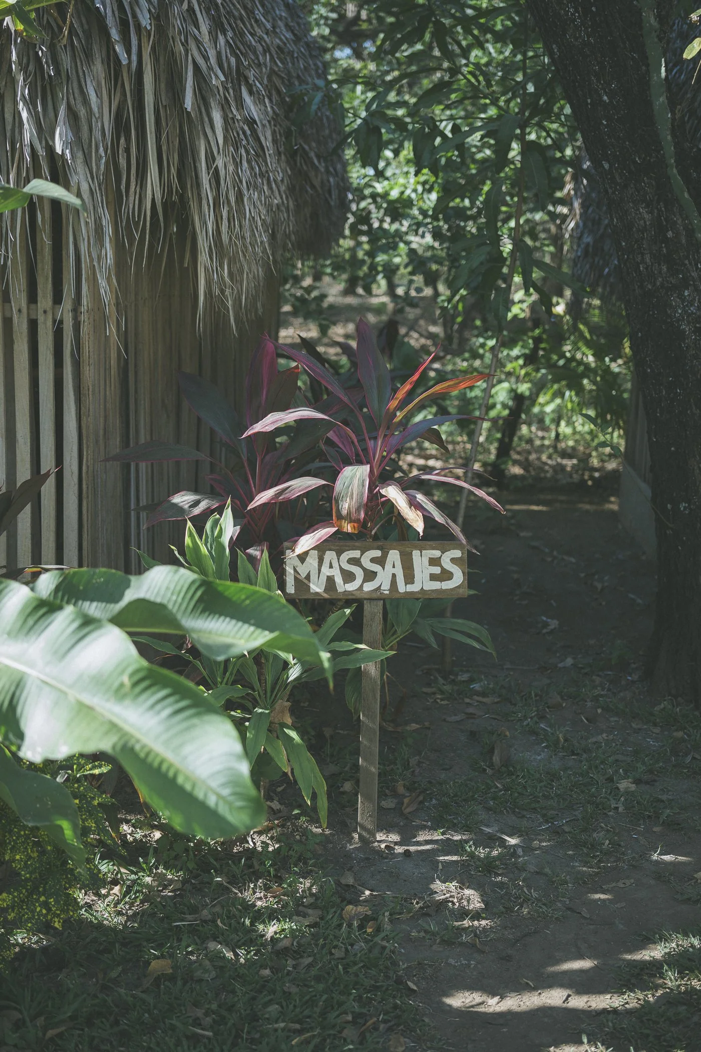 Hand-painted Massajes sign among tropical plants leading to the massage shala at Still Salty Escape in Nicaragua