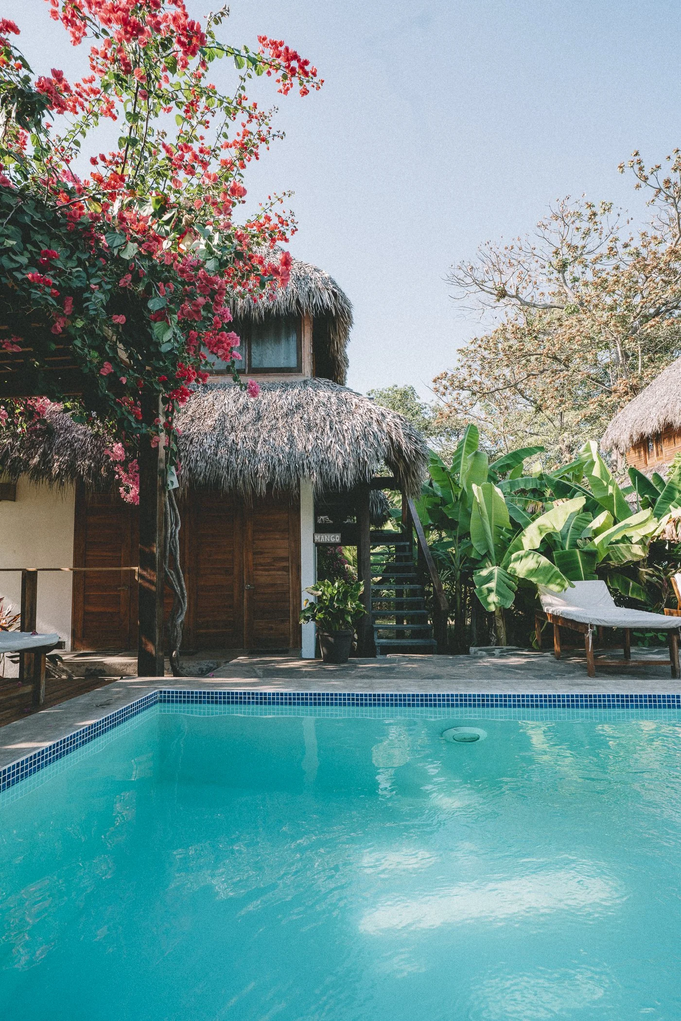 Private pool and thatched guest cabana surrounded by bougainvillea at a retreat venue in Nicaragua