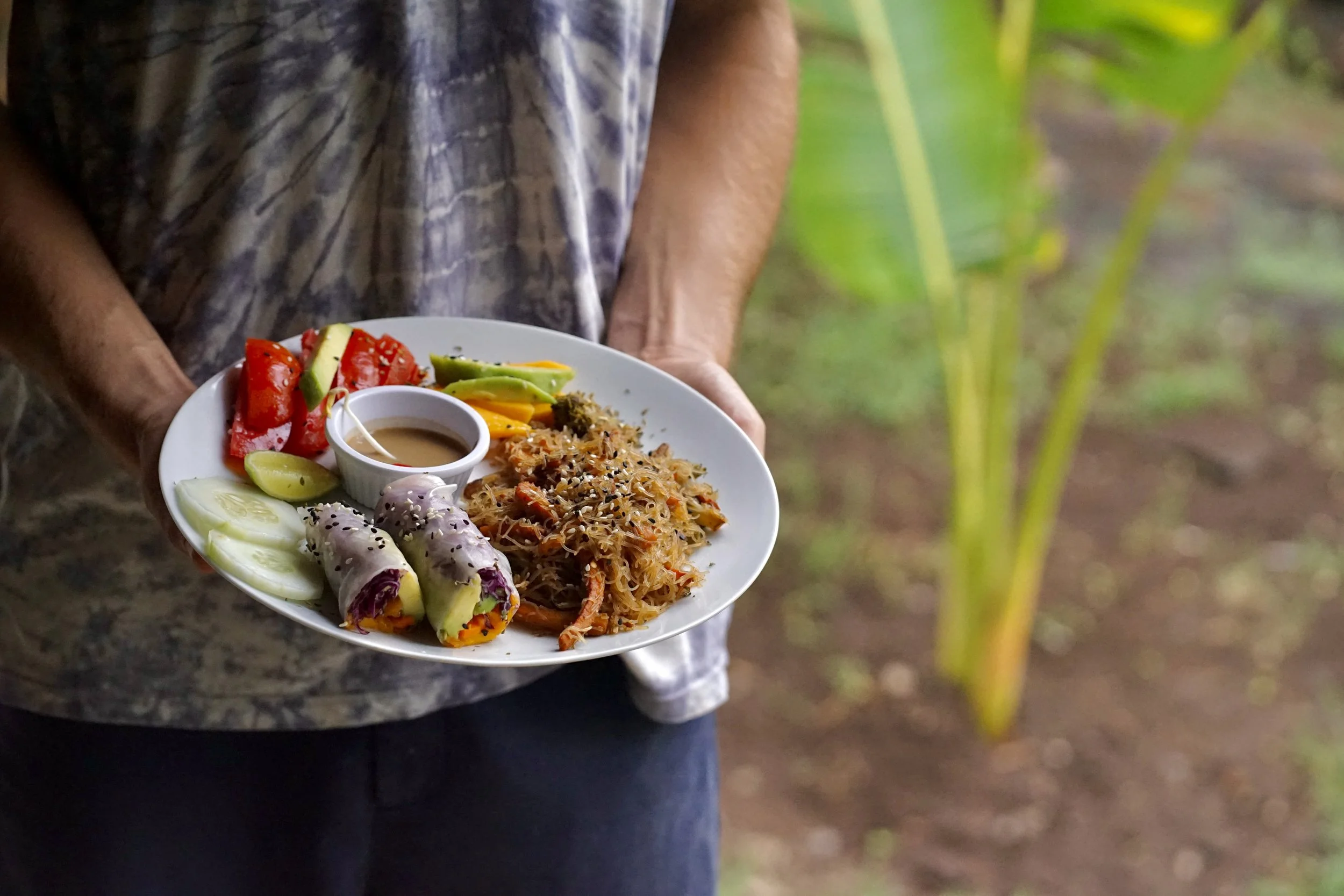 Chef holding a farm-to-table plate of fresh spring rolls, kelp noodles, and vegetables in the garden at Still Salty Escape Nicaragua
