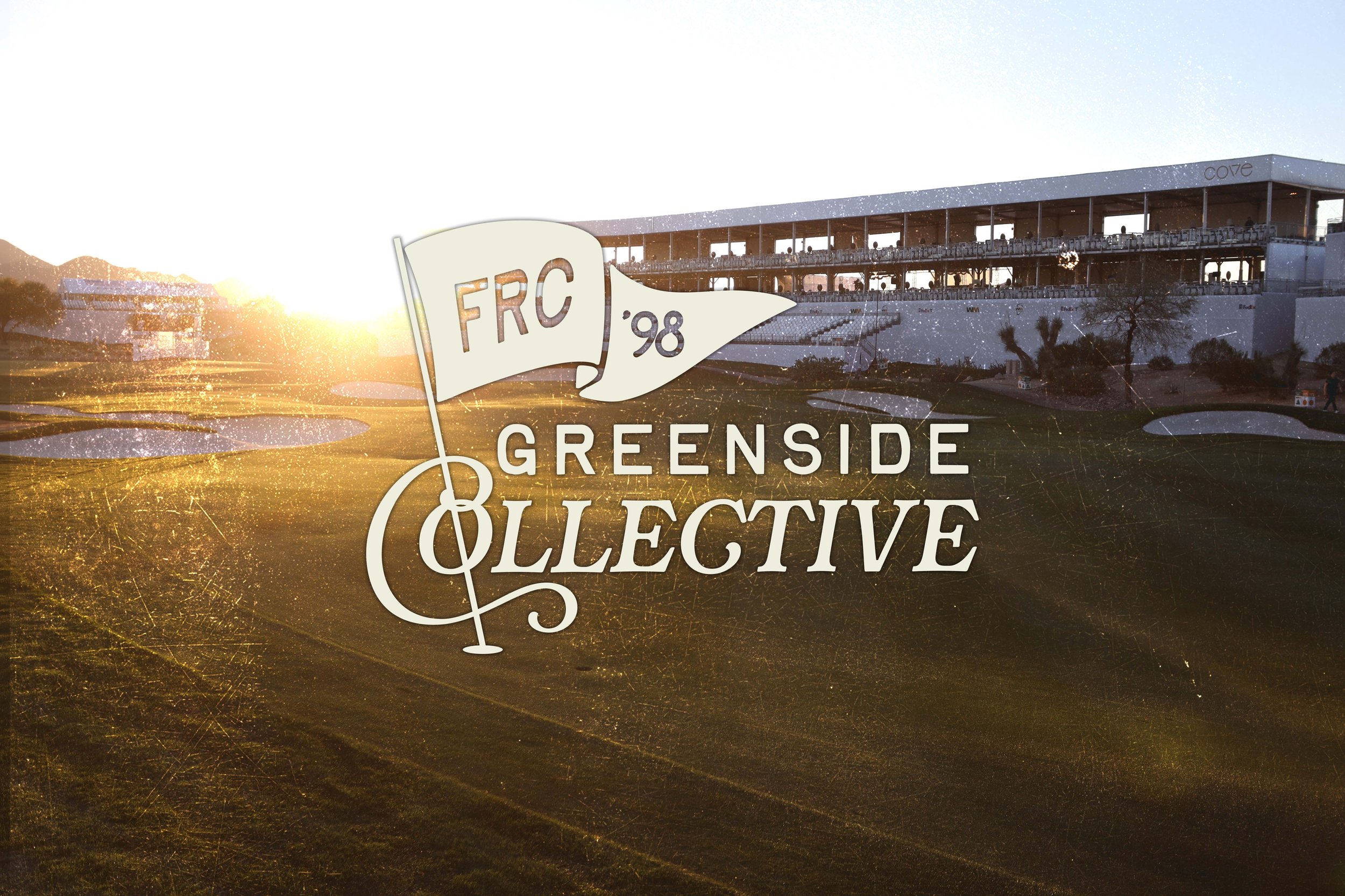 Logo of Greenside Collective with a golf course and club house in the background at sunset.