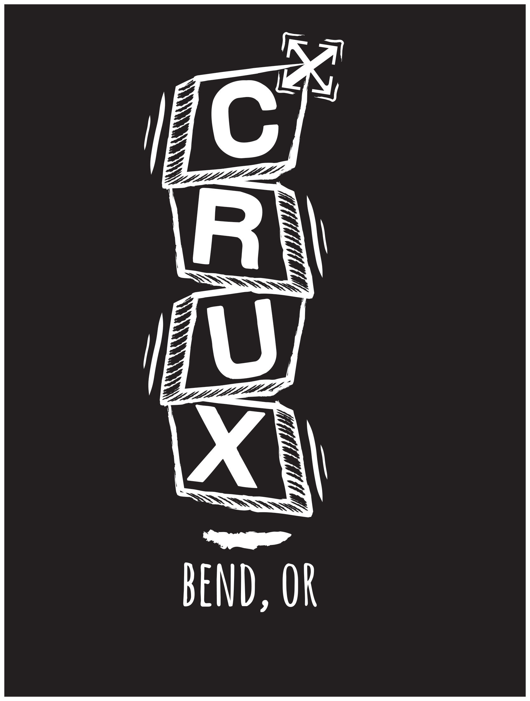 Black and white illustration of stacked blocks spelling 'CRUX', with the phrase 'BEND, OR' below.