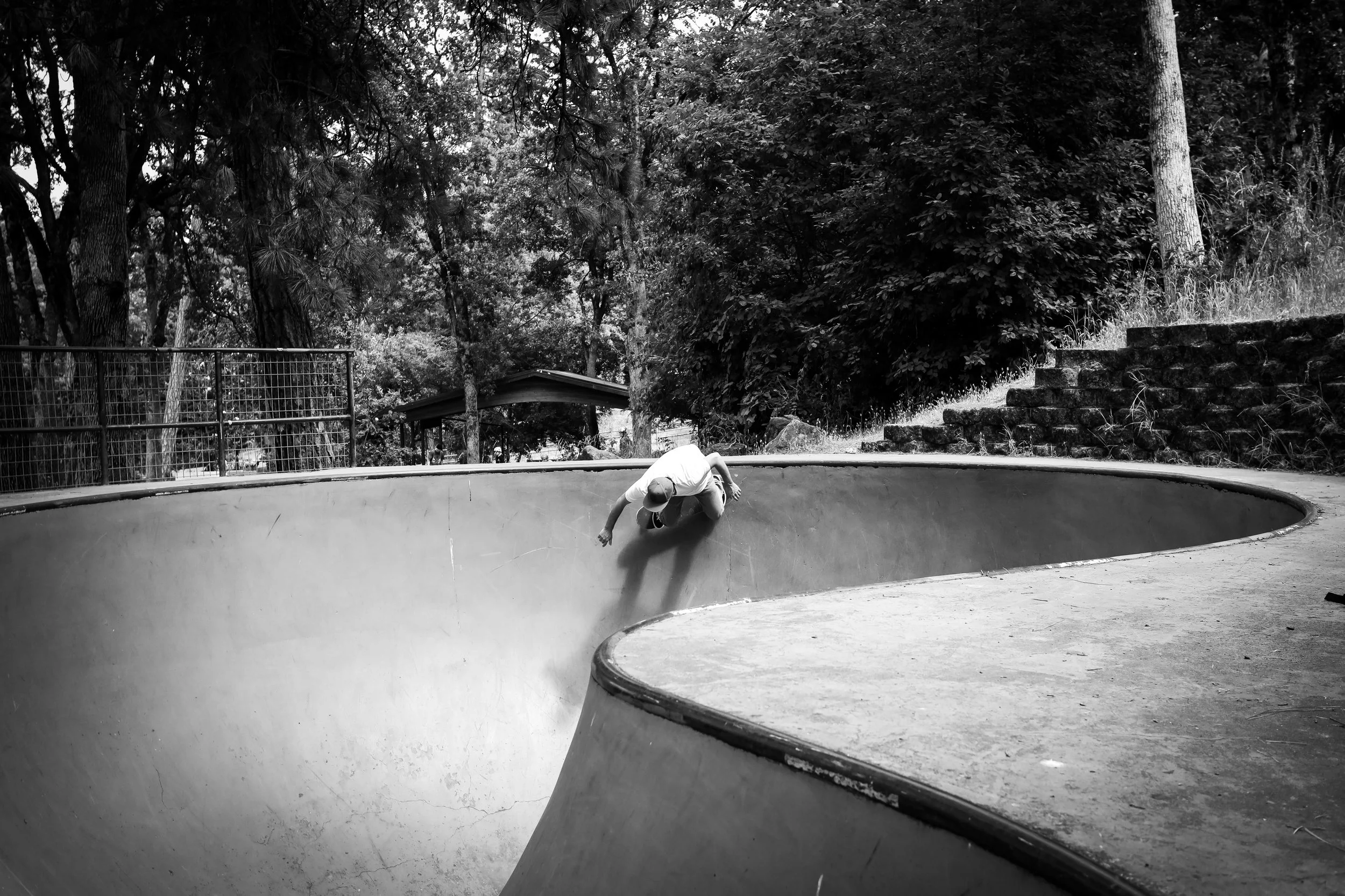 A person skateboarding in a concrete skate bowl at a park surrounded by trees and greenery.