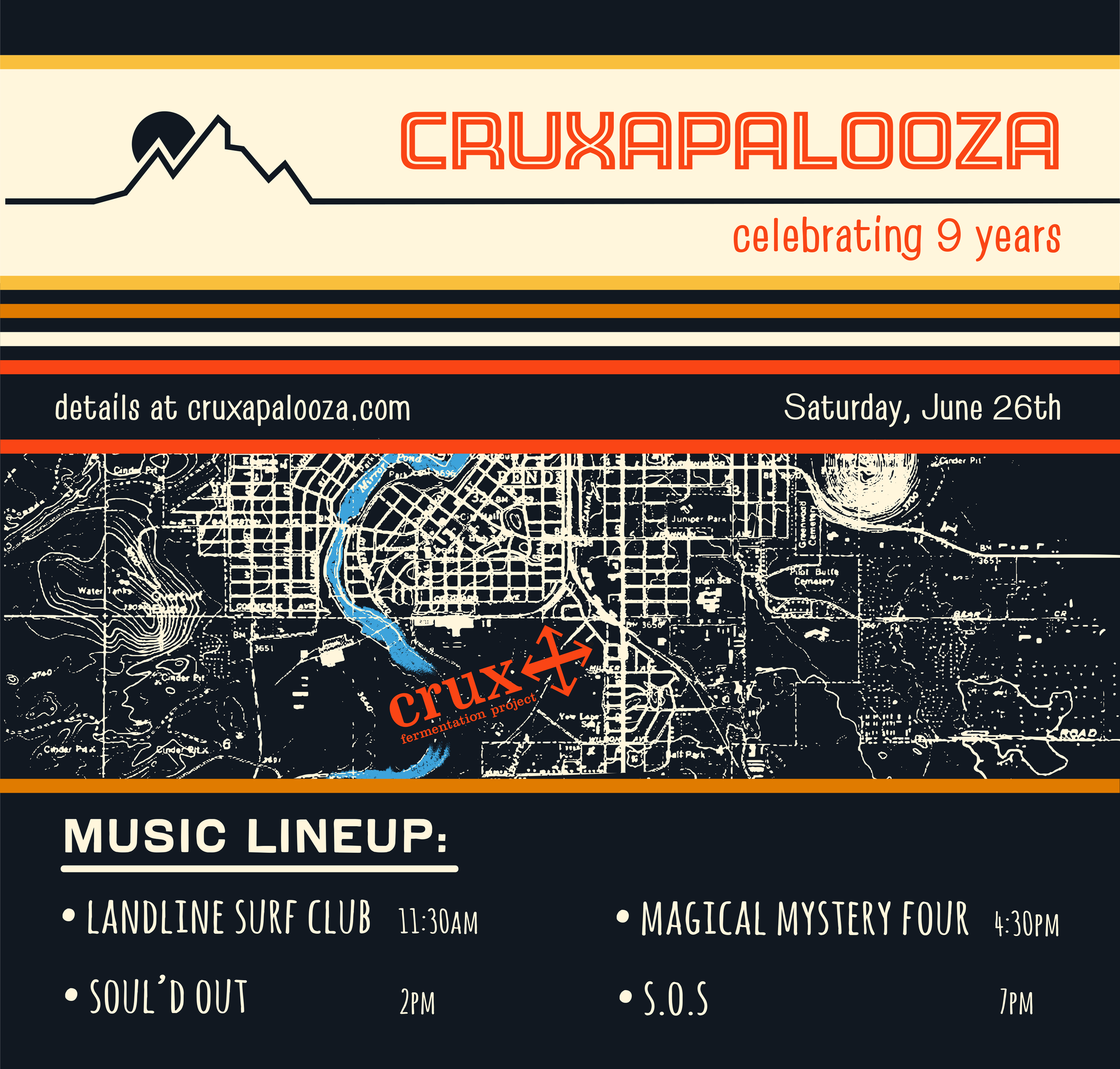 Event poster for Cruxapalooza, a music festival celebrating 9 years, scheduled for Saturday, June 26th. Features a map of the event location with a red Crux sign and a lineup of bands including Landline Surf Club at 11:30 AM, Soul’d Out at 2 PM, Magi