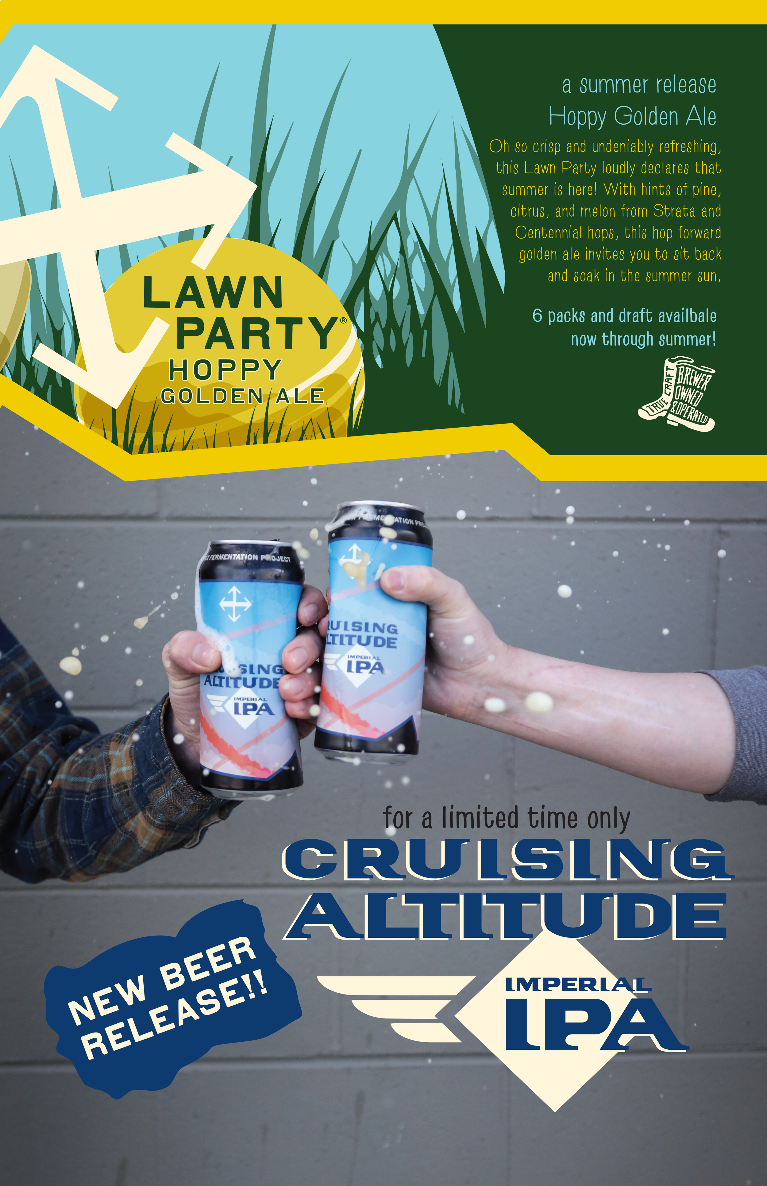 Promotional image for Imperial IPA beer called 'Cruising Altitude' featuring two people clinking cans of beer with foam spilling, set against a gray brick wall background. The design includes graphics and text about a summer beer release and a lawn p